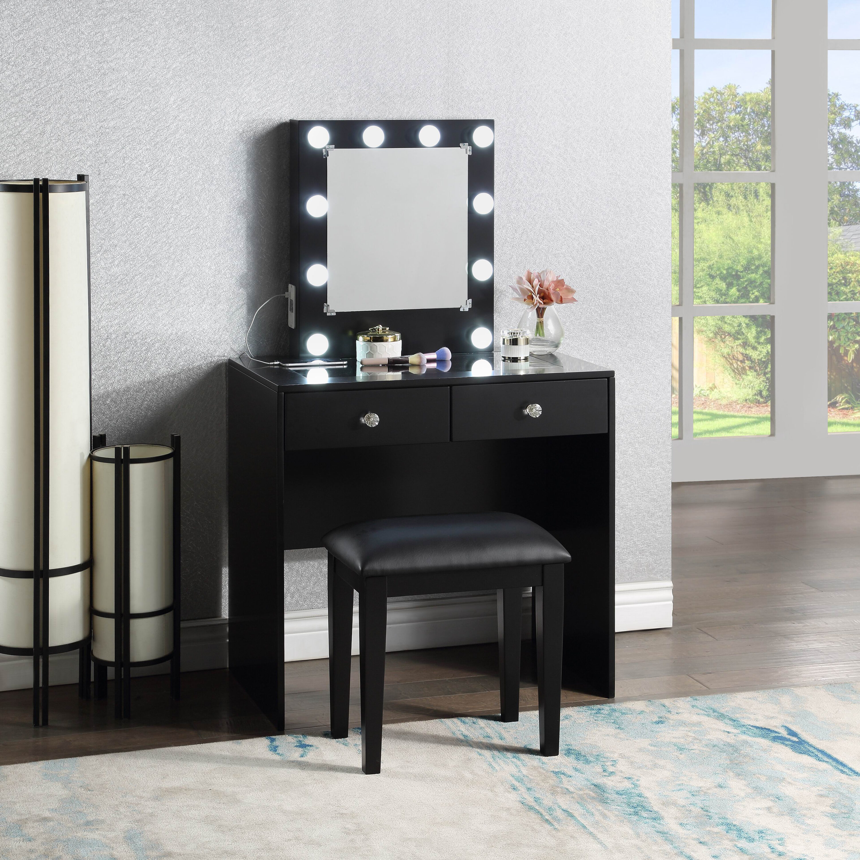 LOVMOR SF-H-B011P146565 Black Makeup Vanity and Stool Set with 10 Lights and USB Port and Power Outlet 2x Drawers Luxurious Style Furniture