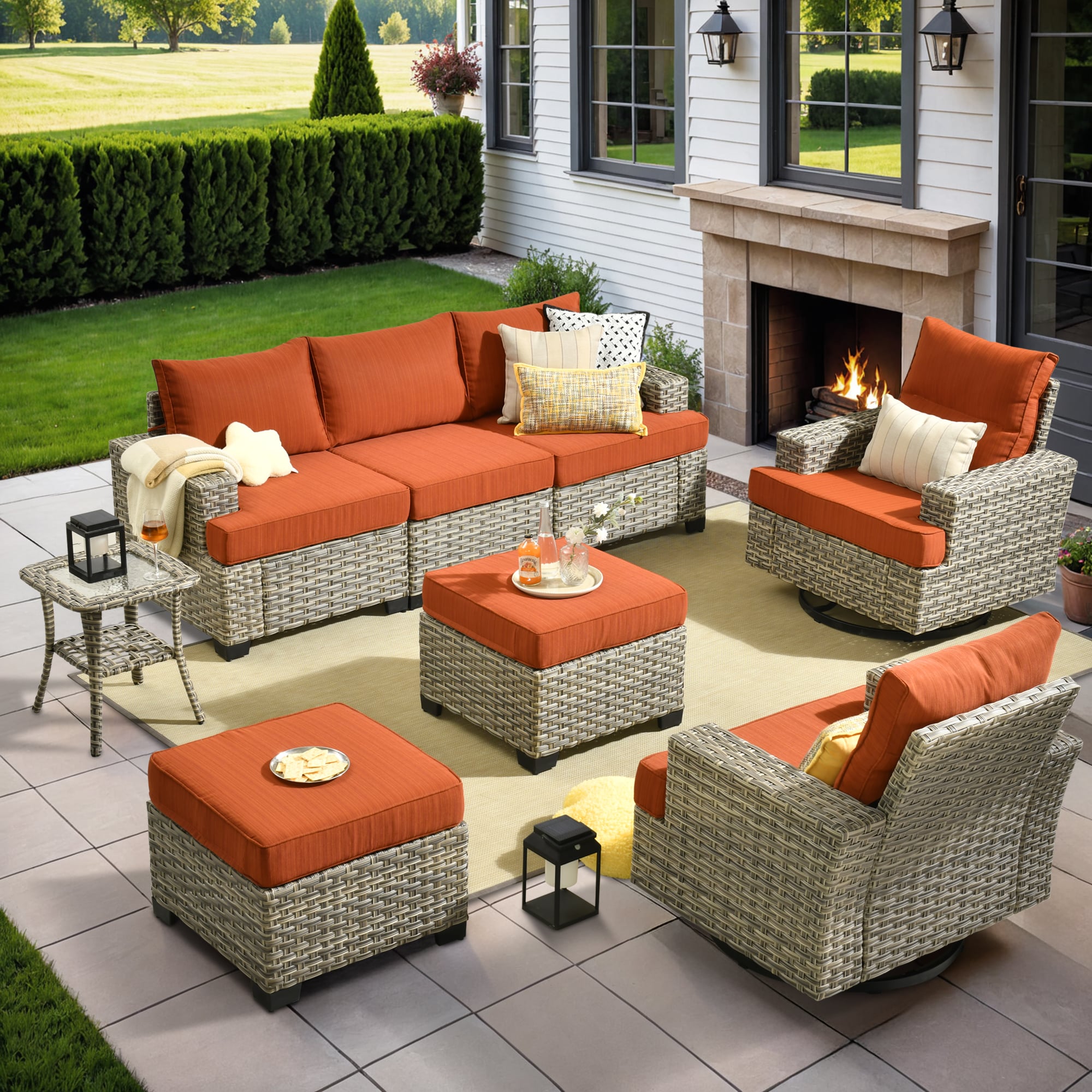 XIZZI XITBS8064-RC3 Agate 6 -Piece Rattan Patio Sofa Conversation Set with Orange Cushions