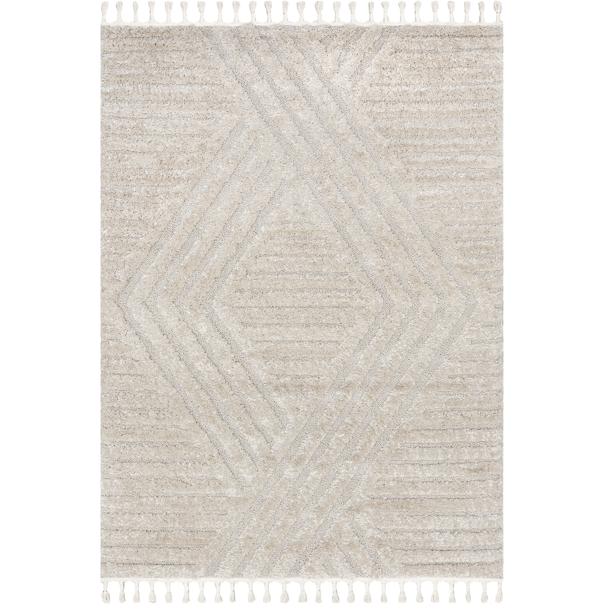 Beige Geometric Shag Rectangular Area Rug with Tassels