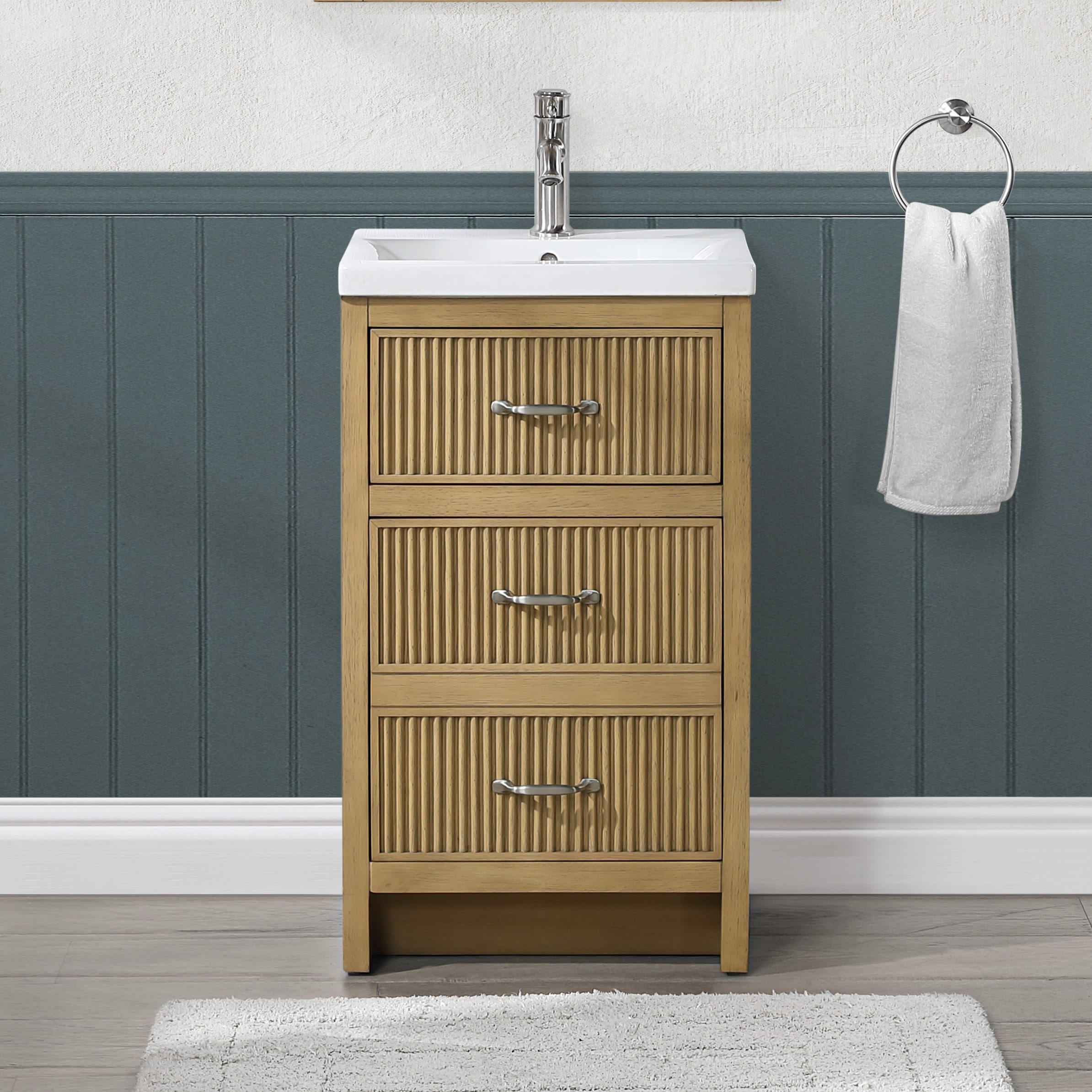 TJAmerican TJ03-03V2016BE Lorique 20 in. W x 16 in. D x 35 in. H Single Sink Bath Vanity in Tan Oak Finish with White Ceramic Top