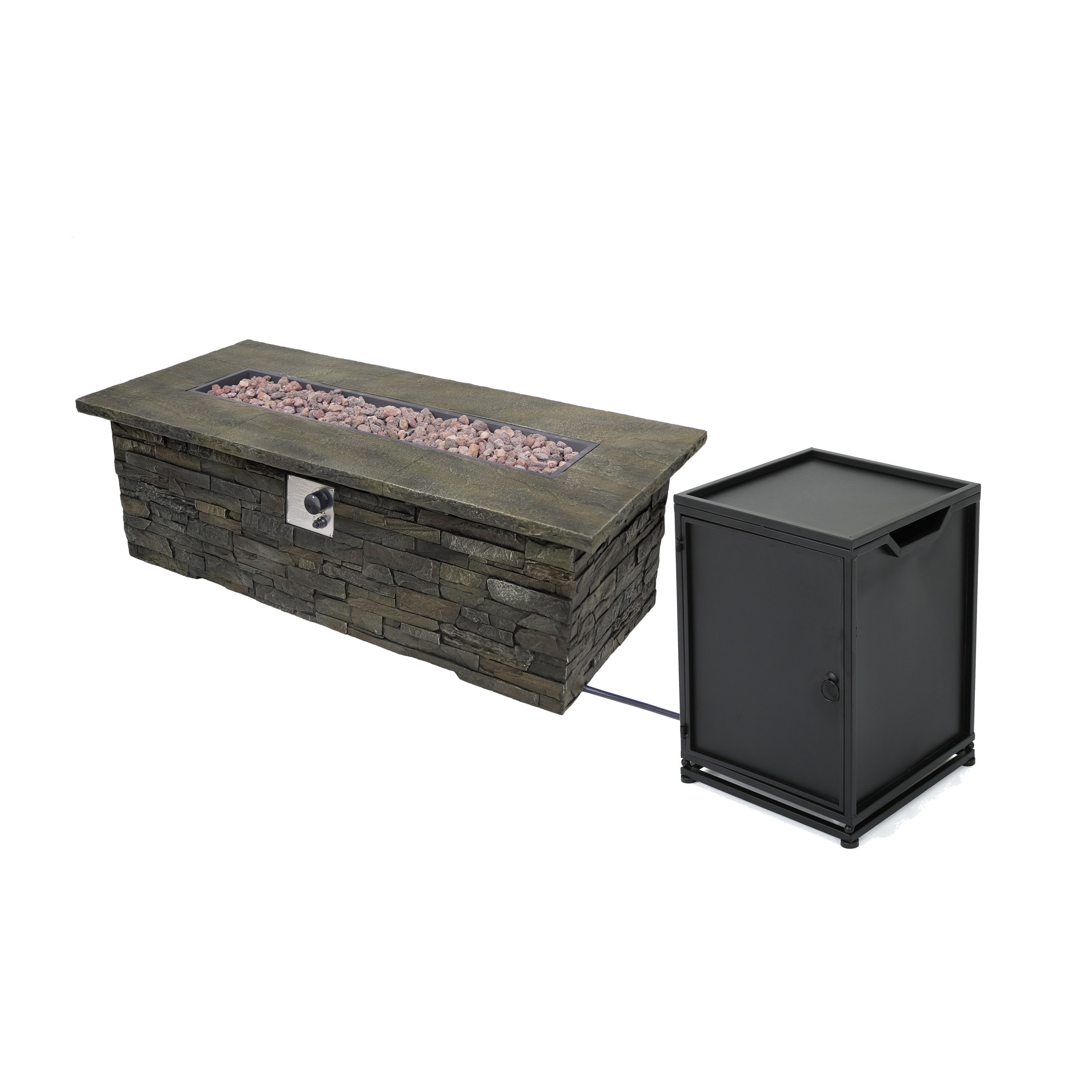 Best Selling Home Decor 305417 50000 -BTU Table is natural stone and the tank holder is black Composite Liquid propane Outdoor Fireplace