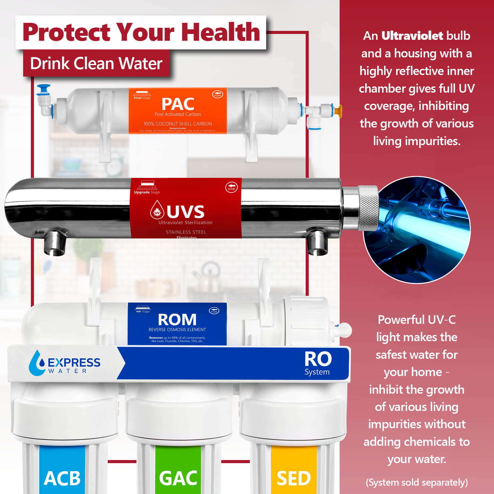 Stainless Steel Under-Sink UV Water Filter with Replacement Bulb