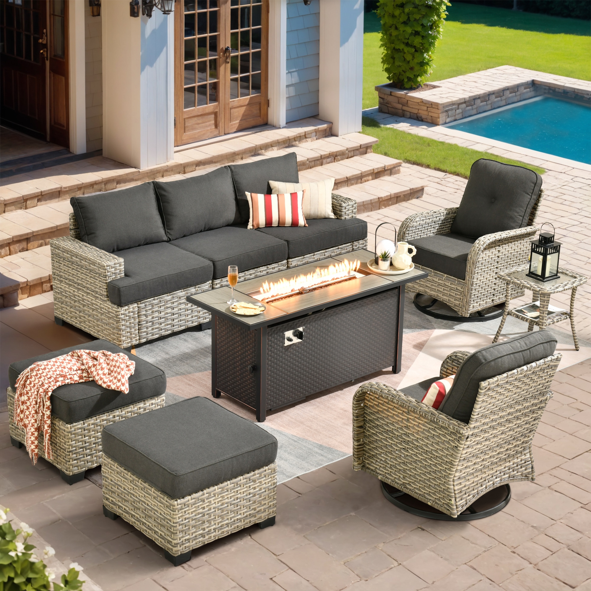 Caodoc L5-GYMTBS8100-1 Black Rattan Outdoor Sectional with Black Cushions and Wicker Frame