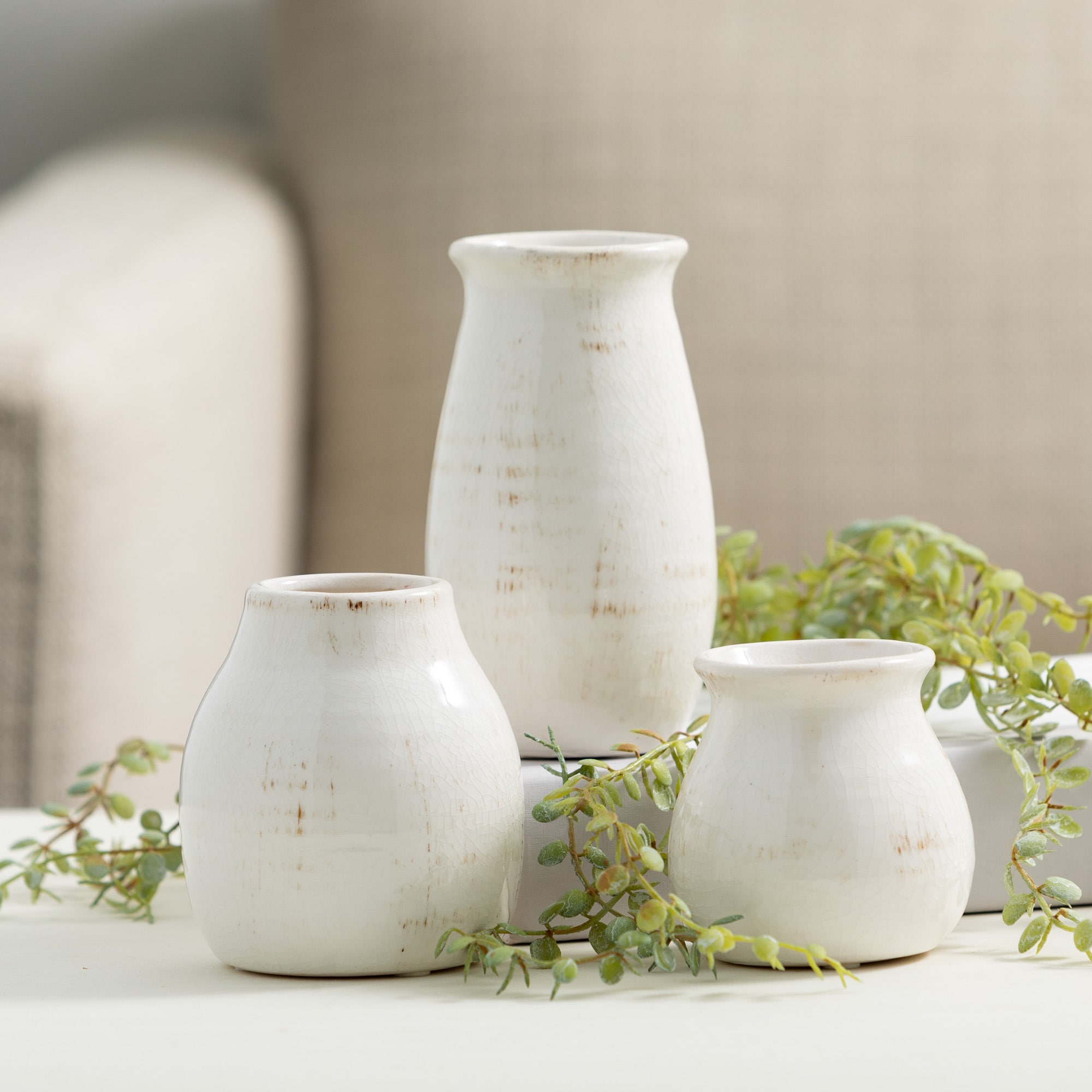 Petite Ceramic Bud Vases Set, Off-White, Modern Farmhouse Design