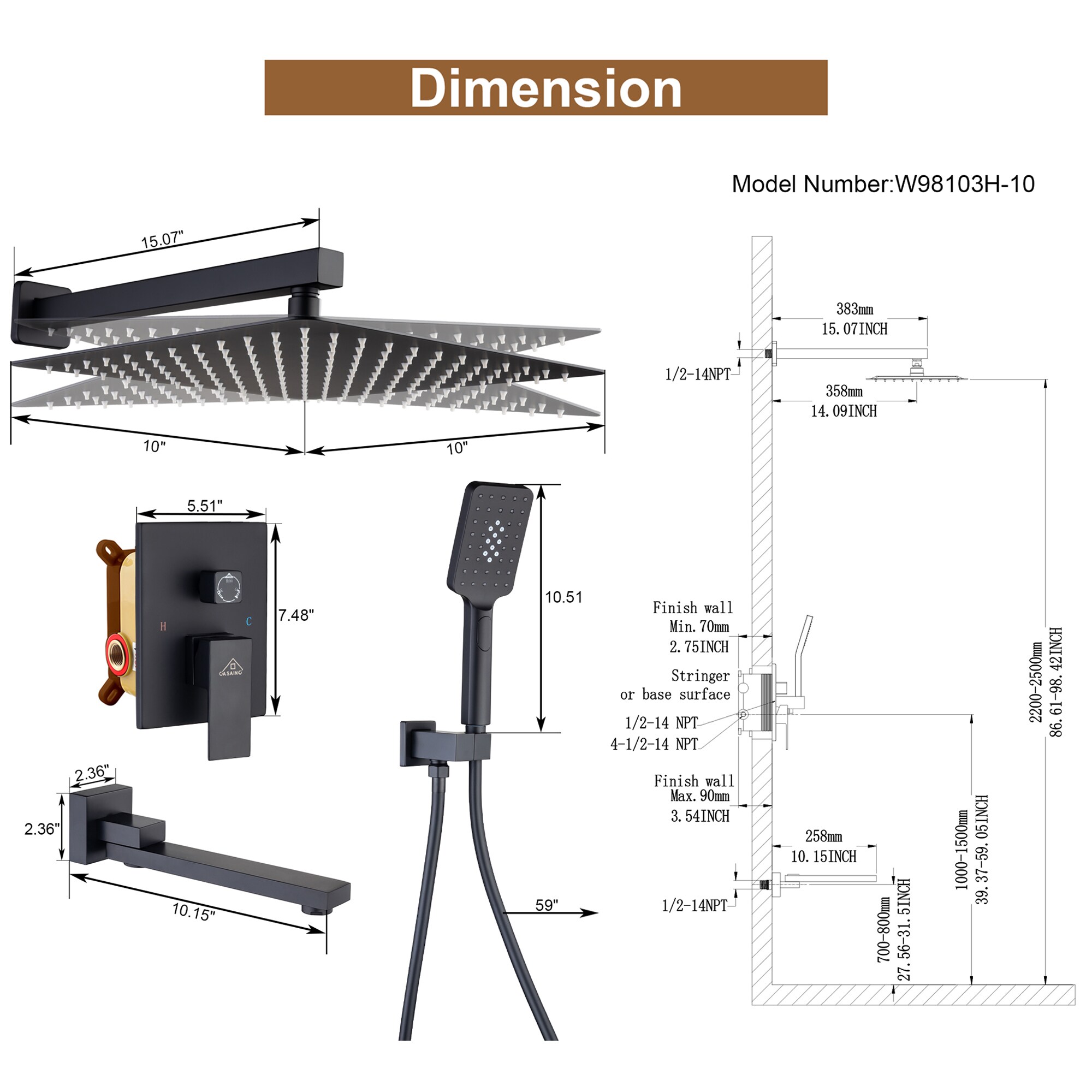 Clihome RCH-BAS815B Showerhead-Bar-Panels - View #2