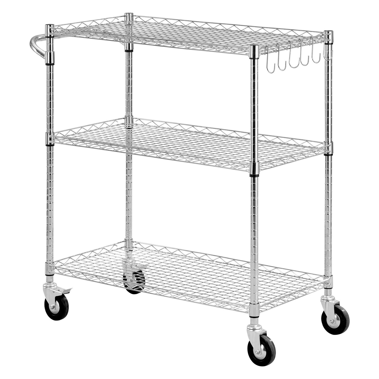JUSHUA Kitchen Utility Cart 3 Tier Heavy Duty Adjustable Wire Storage Rack Commercial Steel Rolling Service Trolley on Wheels Work Table with Handle Bar for Garage and Laundry Room 35x17 4/5x40 9/10 in