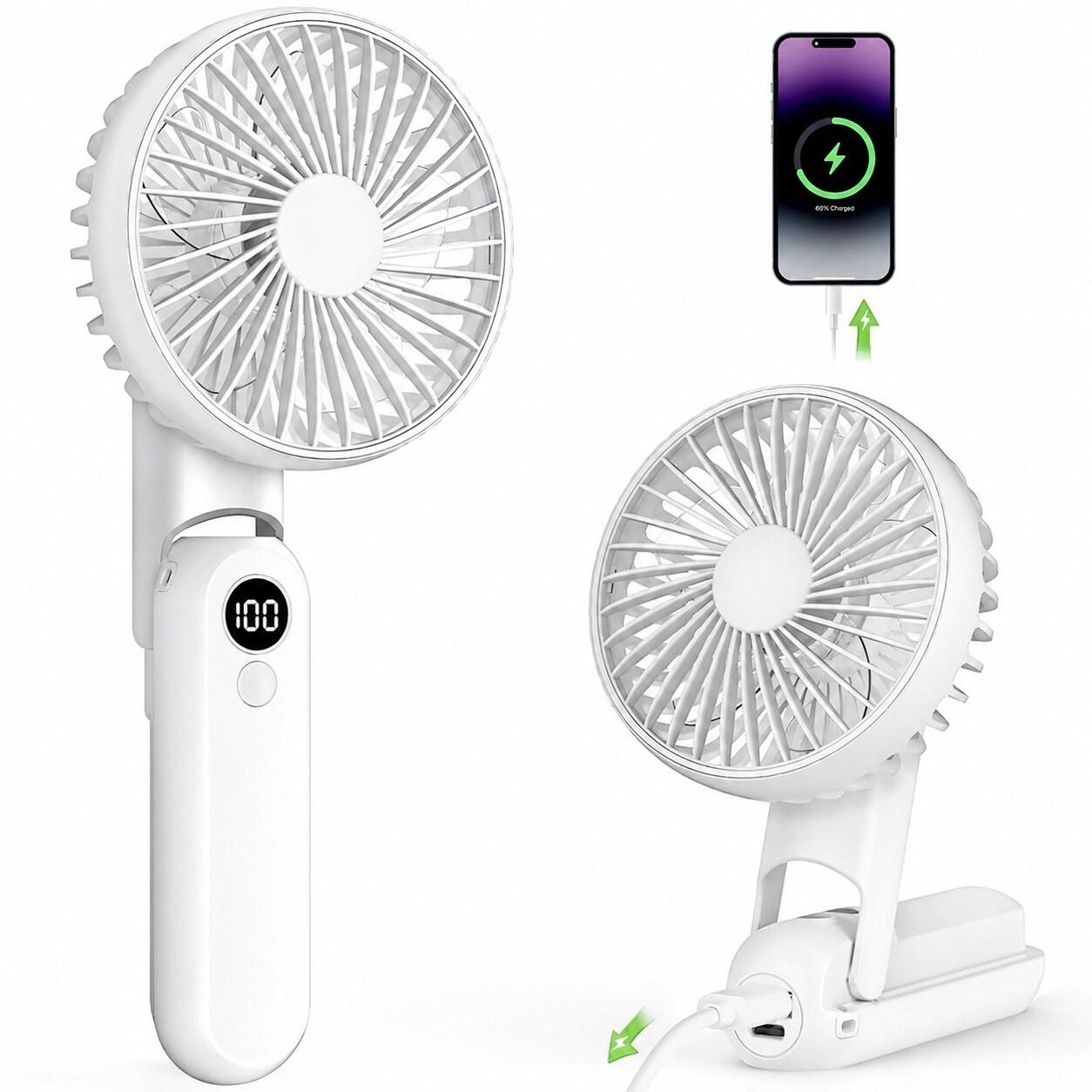 Justincity  Portable Hand Held Fan Ultra Quiet 5 Speed Personal Fan with LED Display USB C Charging 180 Degree Foldable Small Desk Fan Power Bank