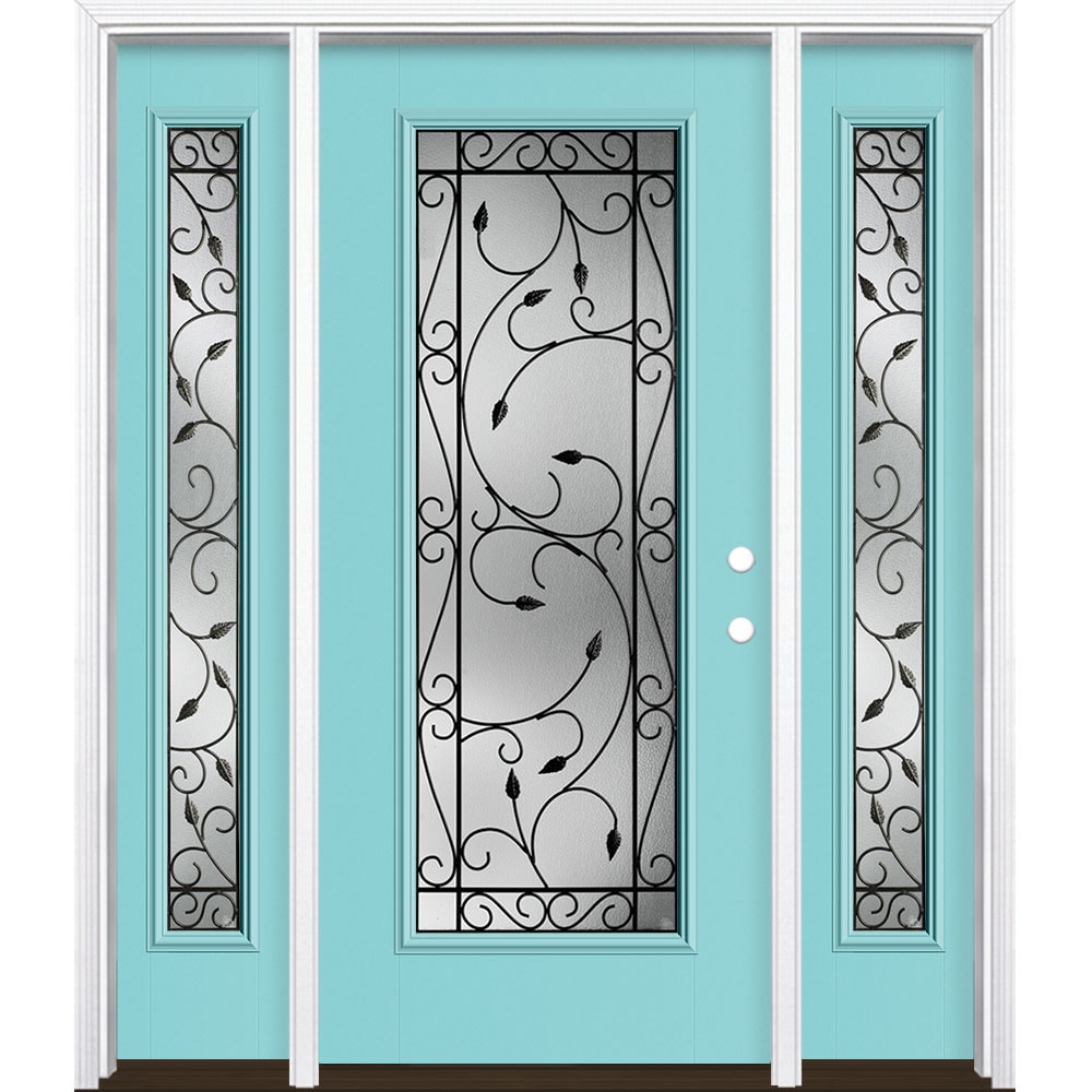 Masonite 3422771 Pergola 60-in x 80-in x 4-9/16-in Fiberglass Full lite Left-hand inswing Caribbean Blue Painted Prehung Front Door with Sidelights with Brickmould Insulating core