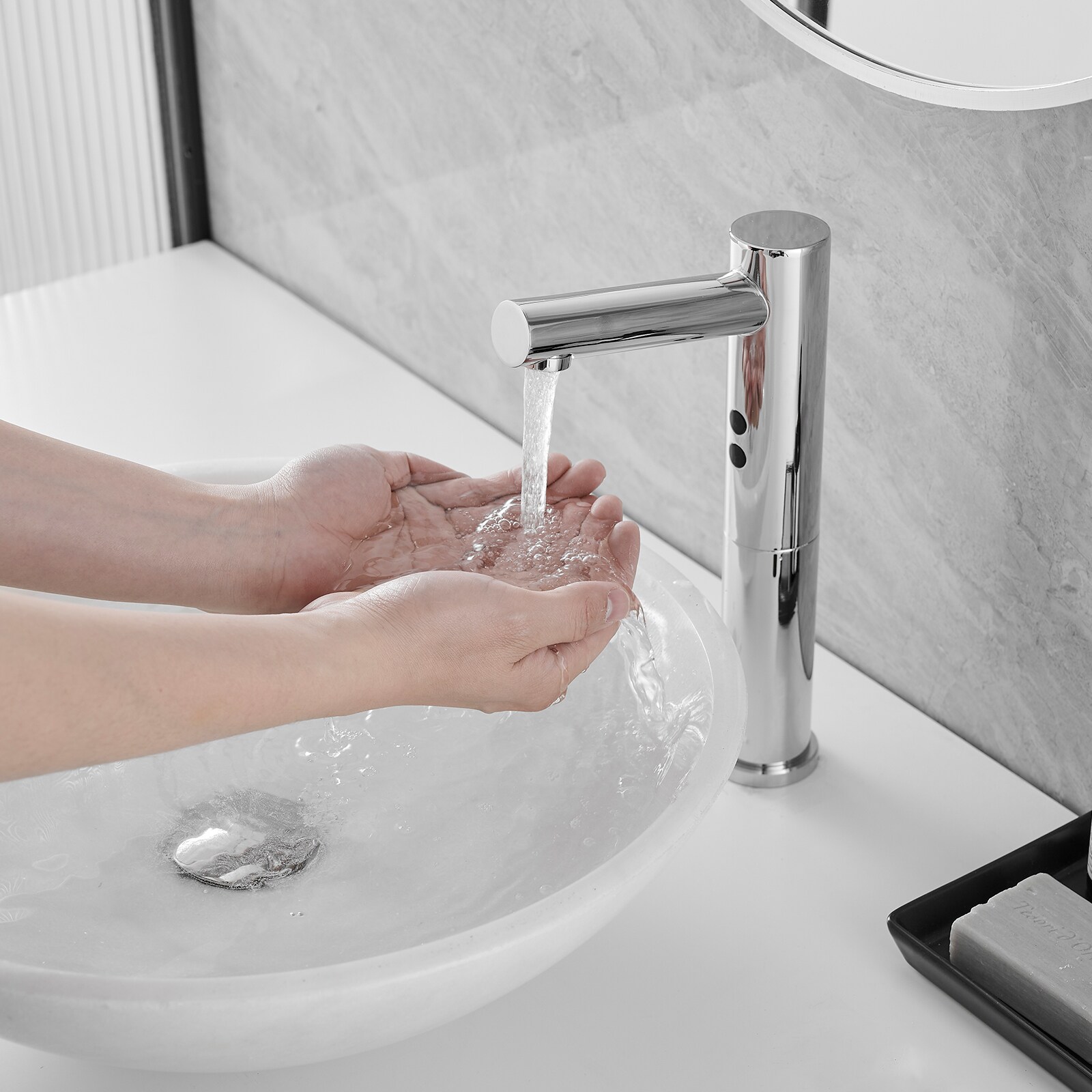 Polished Chrome Touchless Vessel Sink Faucet with Drain Assembly