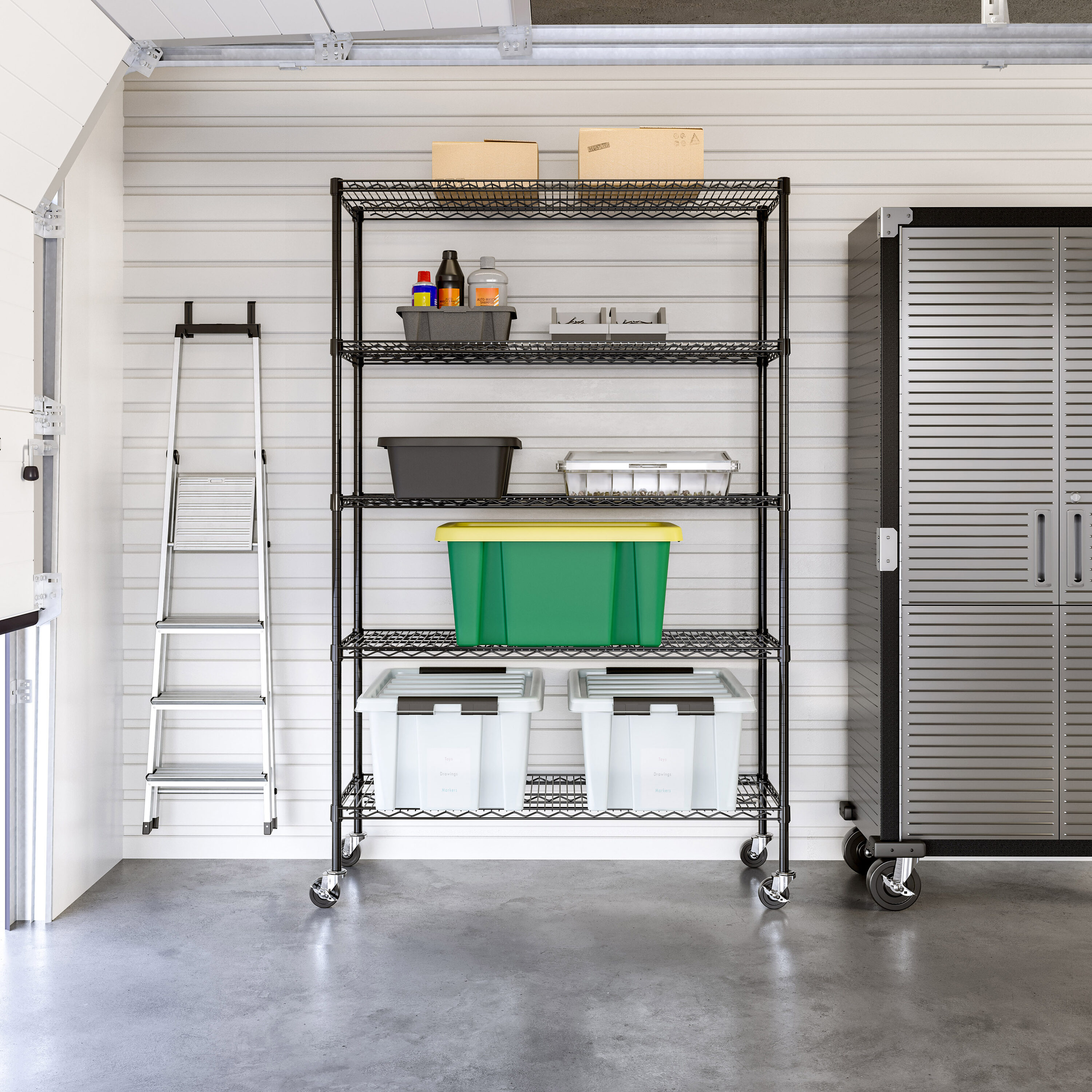 Black Adjustable 5-Tier Steel Wire Shelving Unit with Wheels