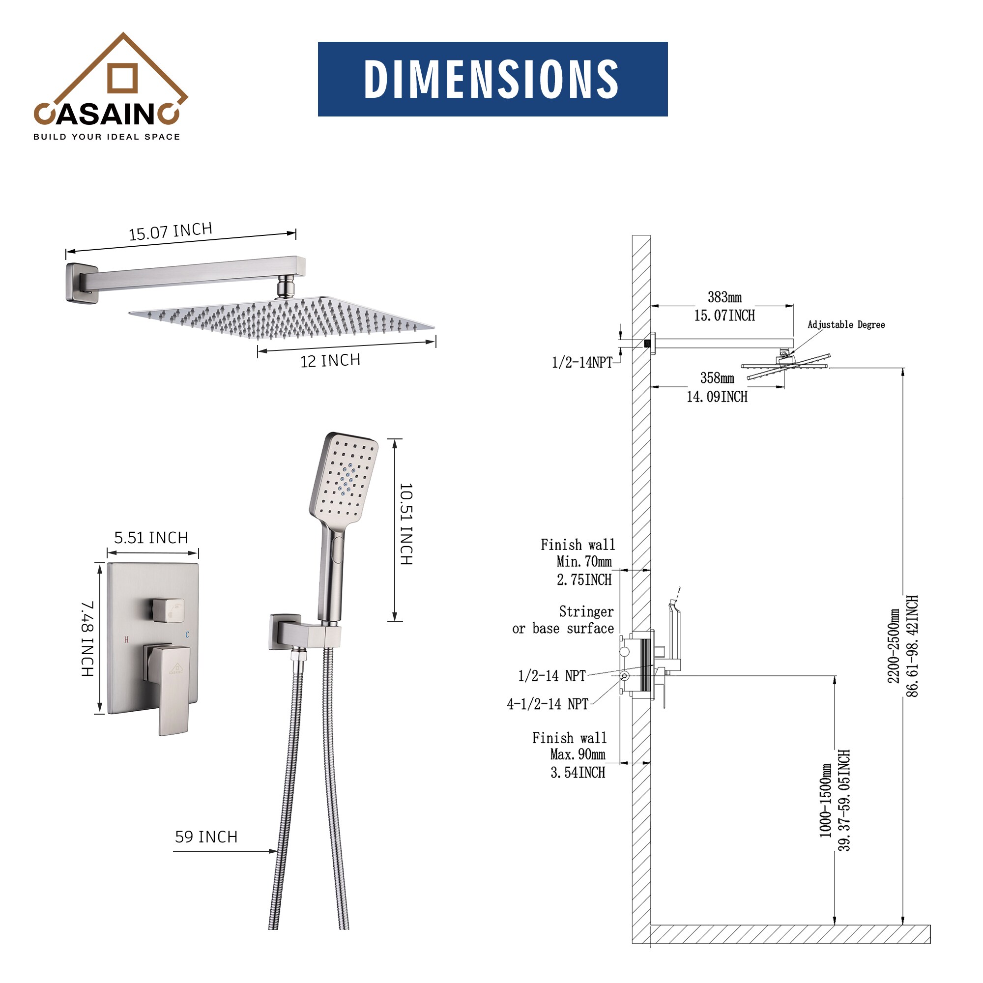 CASAINC WFW98102BN-12 Showerhead-Bar-Panels - View #2