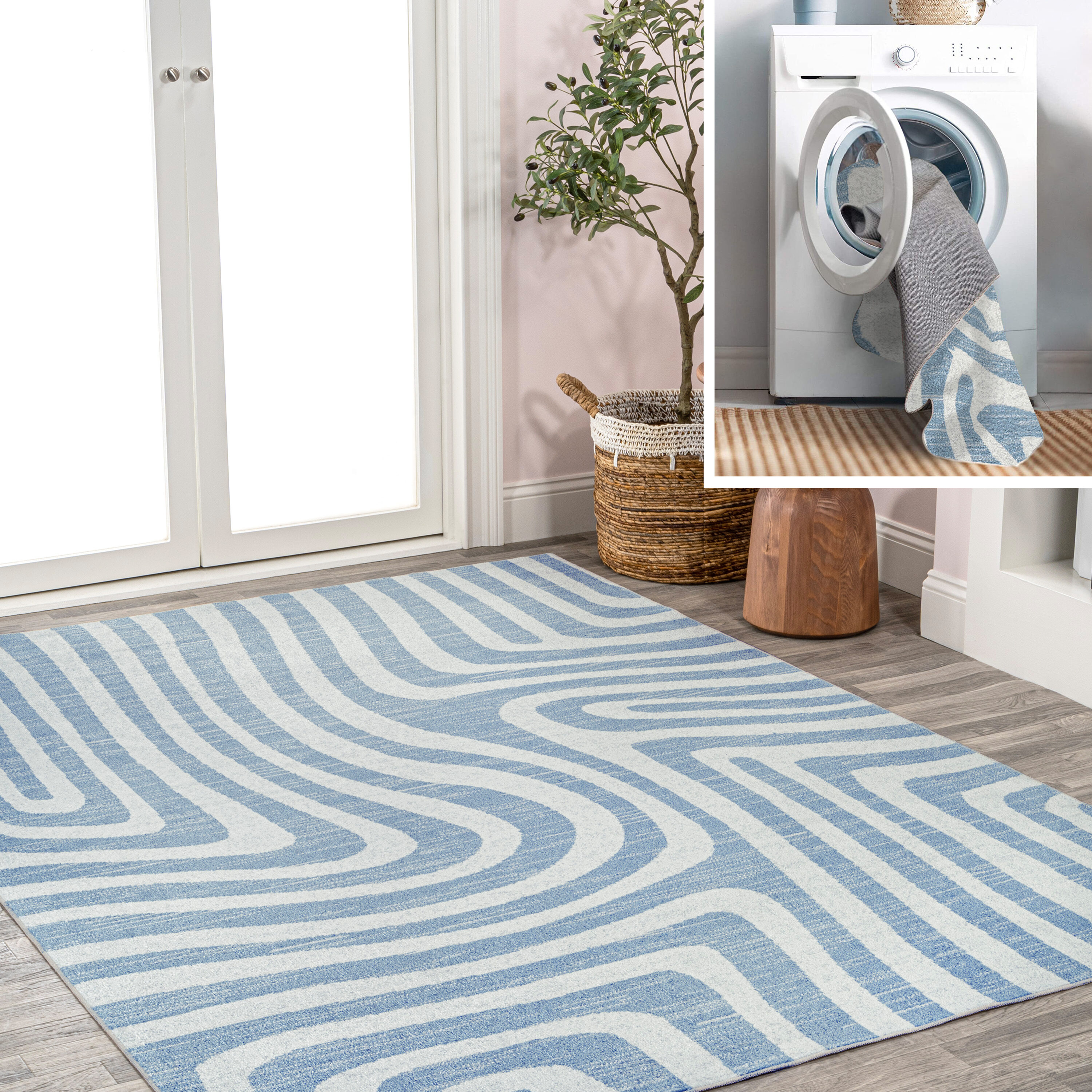 Blue and Cream Abstract Synthetic 4' x 6' Washable Area Rug