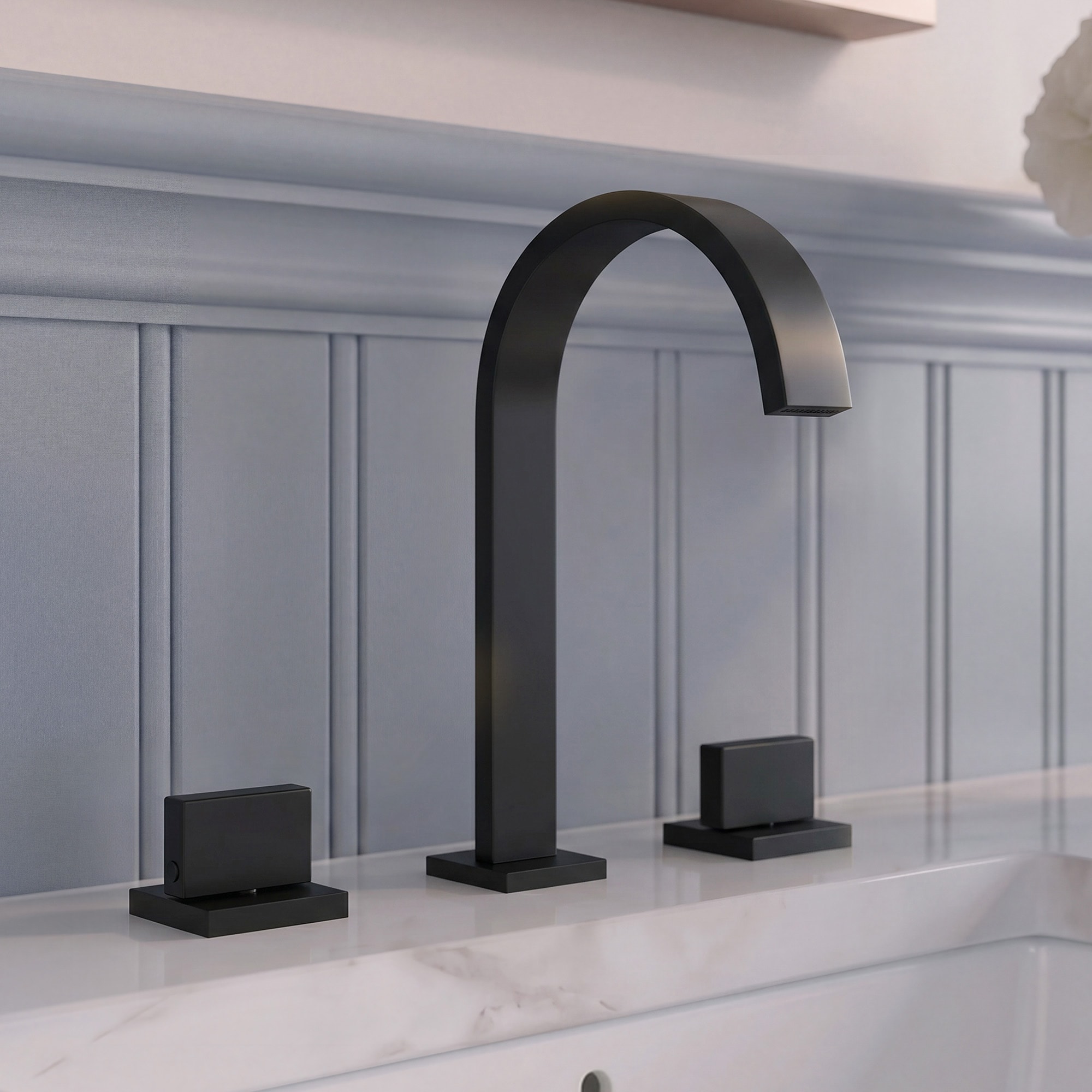 GRANDJOY Matte Black Widespread Bathroom Sink Faucet Waterfall Brass Vanity Faucet 2-Handle with Metal Pop-Up Drain