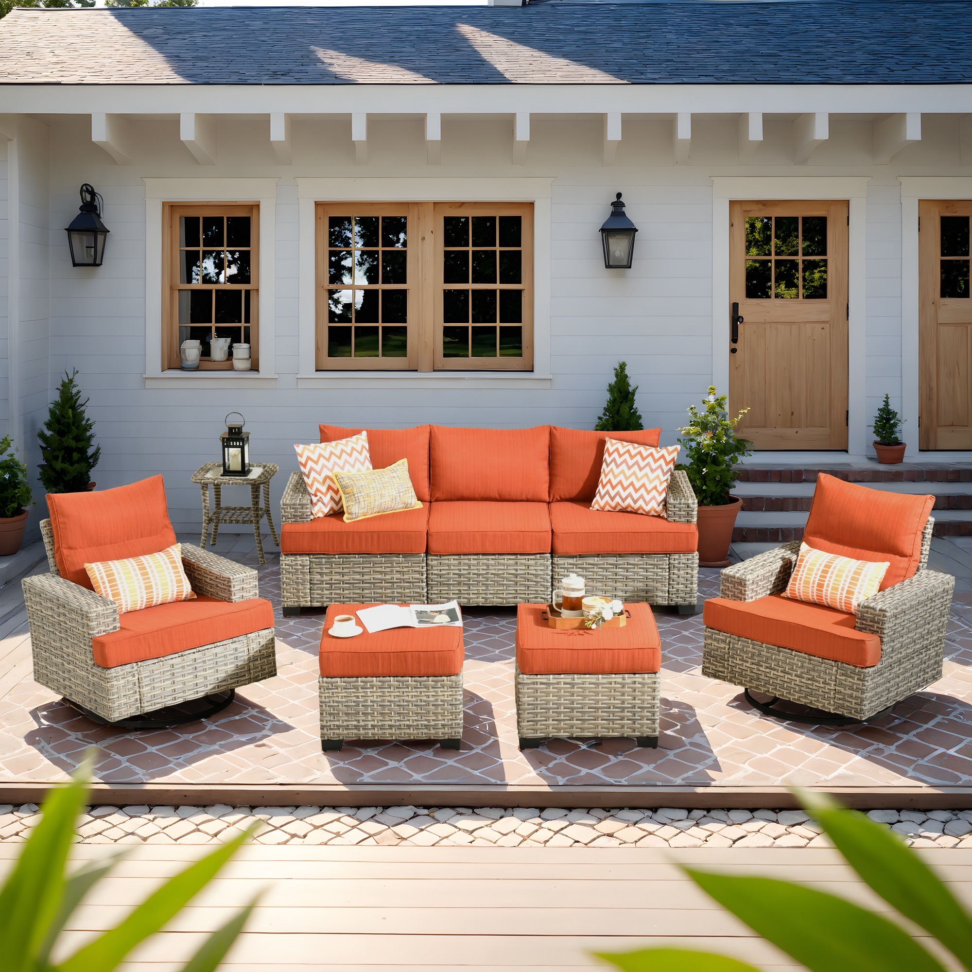 Pouuin STYZBS806 6-Piece Wicker Patio Sofa Conversation Set with Orange Cushions