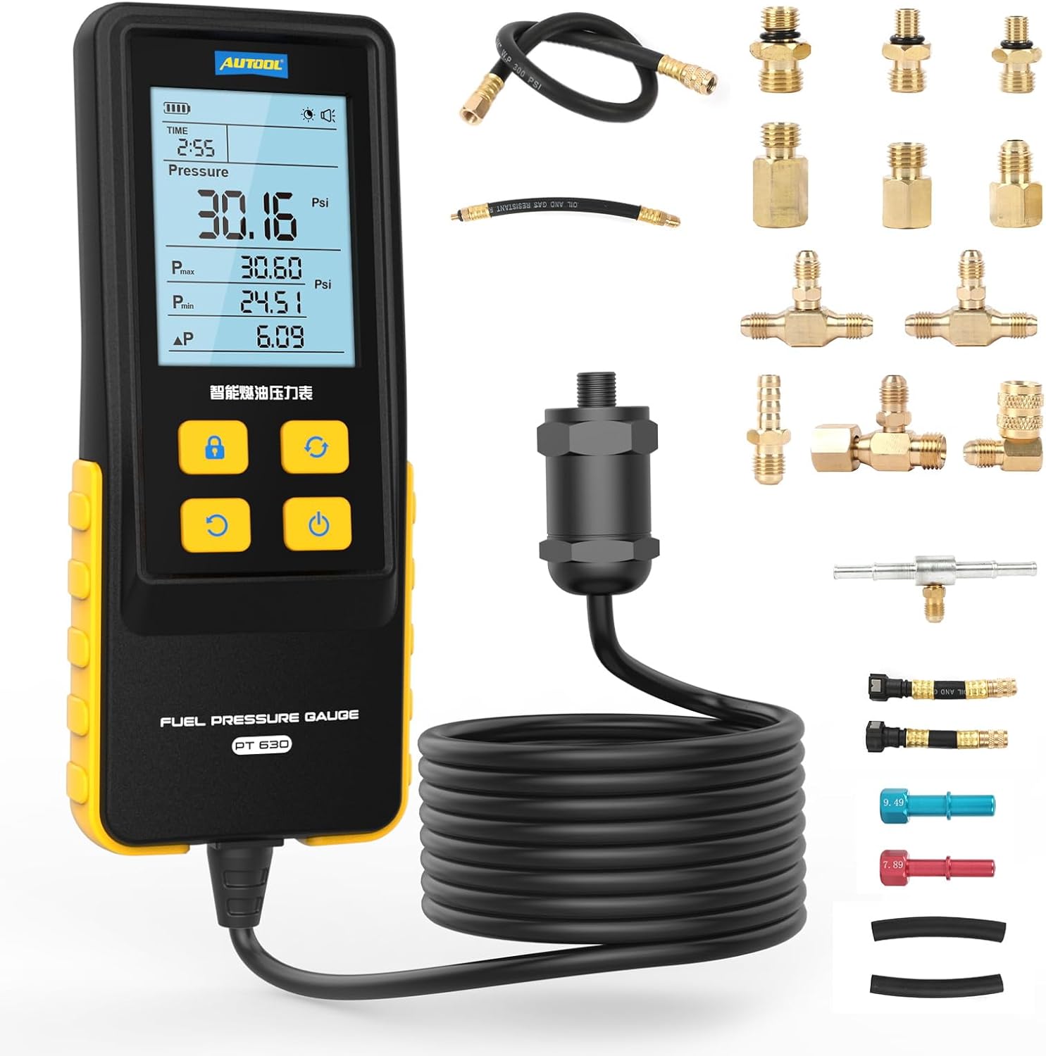 AUTOOL  PT630 Digital Fuel Pressure Tester Kit 0 to 426 PSI for Petrol Engine with 2.8 Inch Backlit LCD 0.01 Resolution and 78.7 Inch Long Hose with Brass Adapters for Professional Automotive Fuel System Diagnostic and Differential Pressur