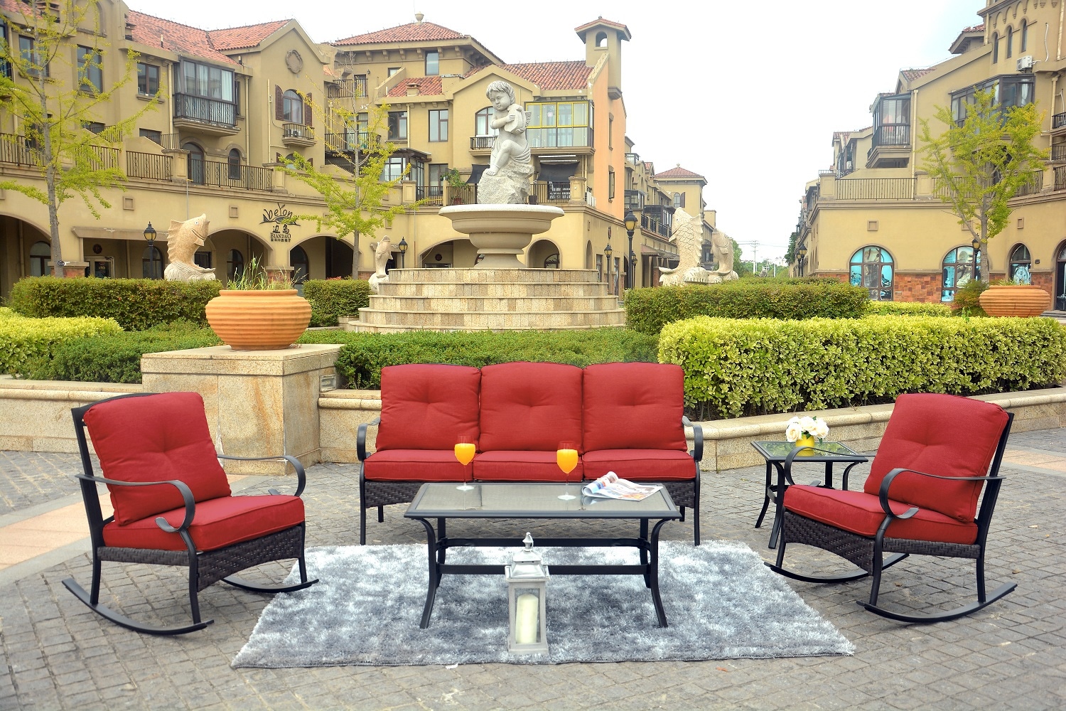 Moda Furnishings MD-MOS-2025-R 5 -Piece Wicker Patio Sofa Conversation Set with Red Cushions