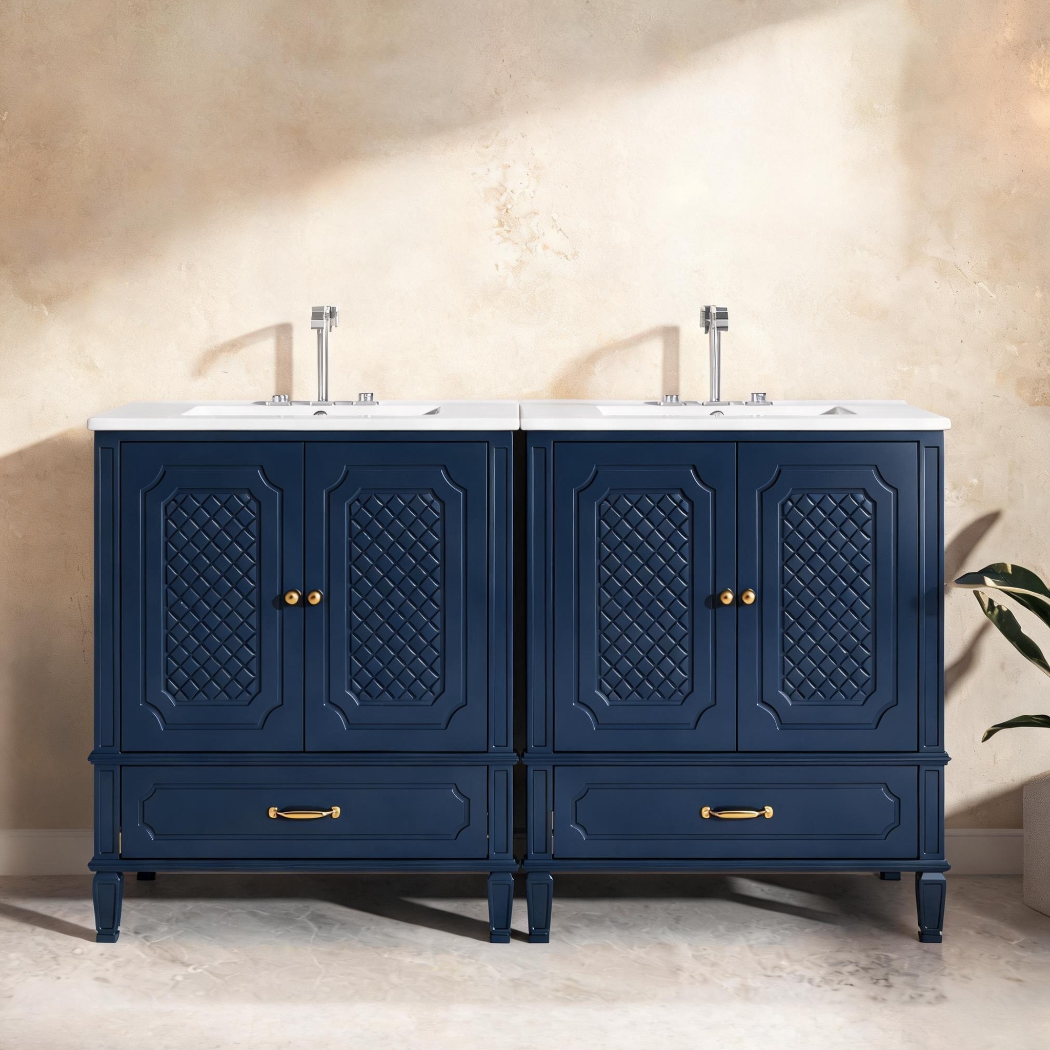 SunJet 60-Inch Double Sink Bathroom Vanity Combo in Classic Blue with Acacia Wood Cabinetry and Black Hardware