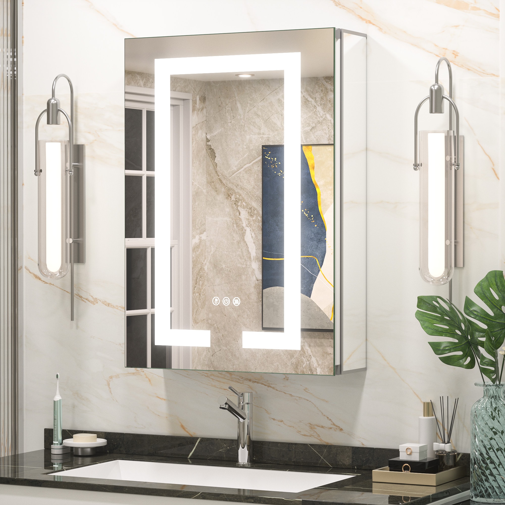 Keonjinn LW-JG-ZG-4161 Led Medicine Cabinet Mirrors 16-in x 24-in Lighted LED Fog Free Surface/Recessed Mount Silver Mirrored Rectangle Soft Close Medicine Cabinet with Outlet