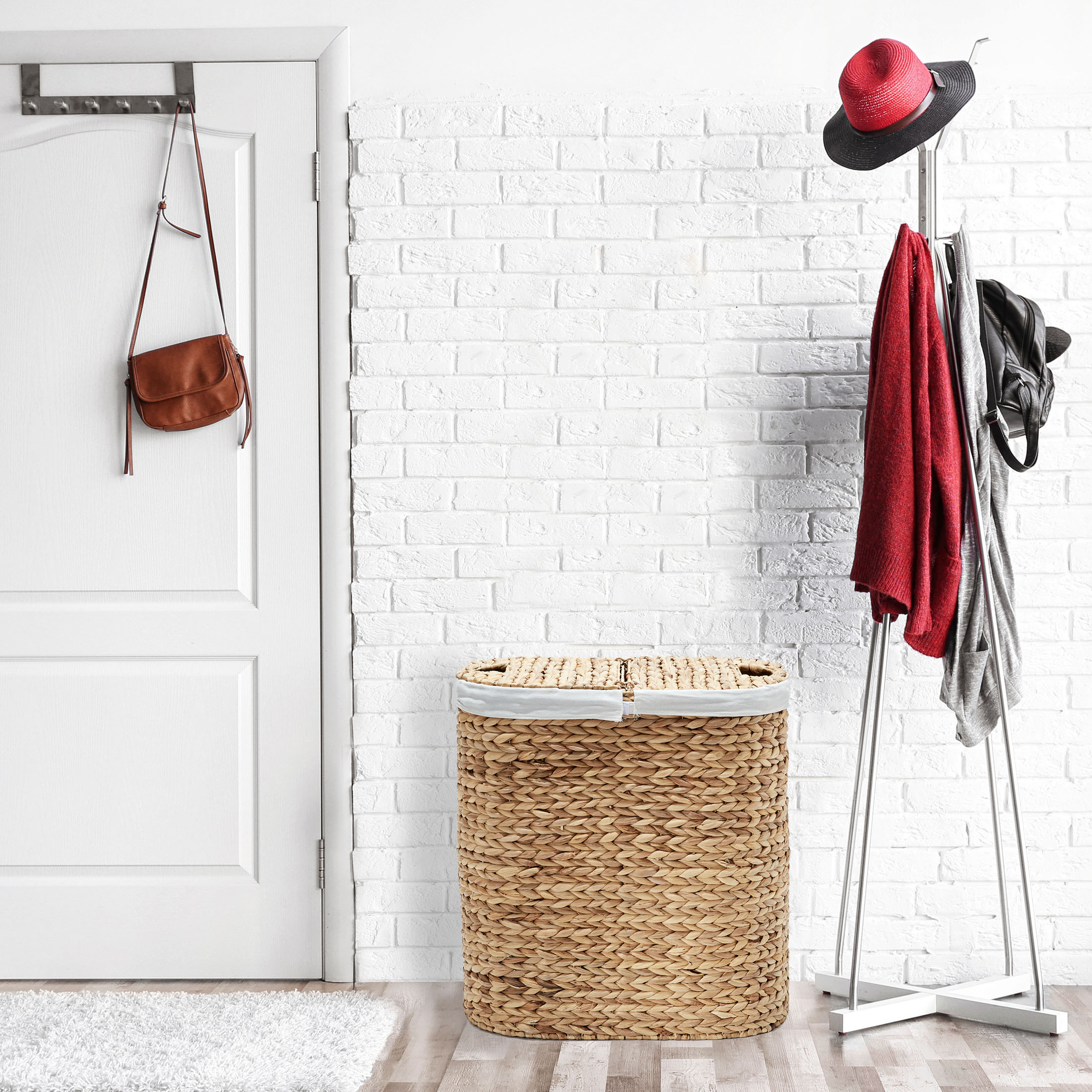 Beige Rectangular Wicker Laundry Hamper with Lid