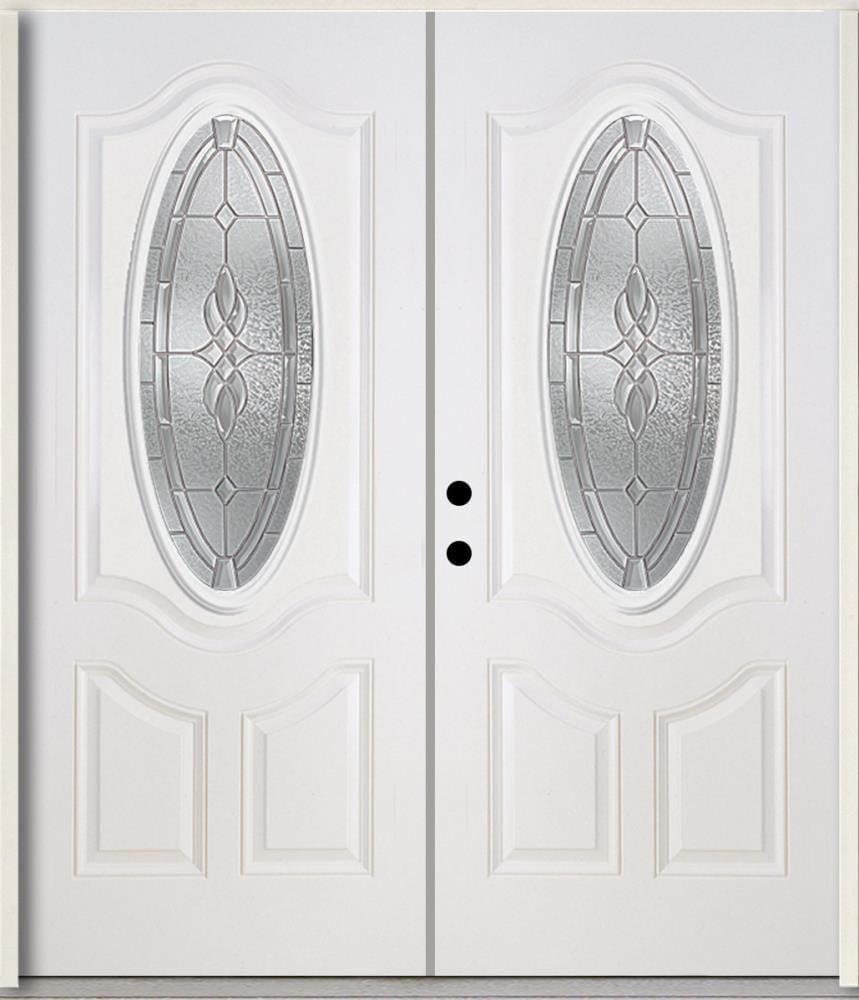 RELIABILT LO841758 Hampton 72-in x 80-in x 4-9/16-in Fiberglass Oval lite Right-hand inswing Modern White Painted Prehung Double Front Door Insulating core