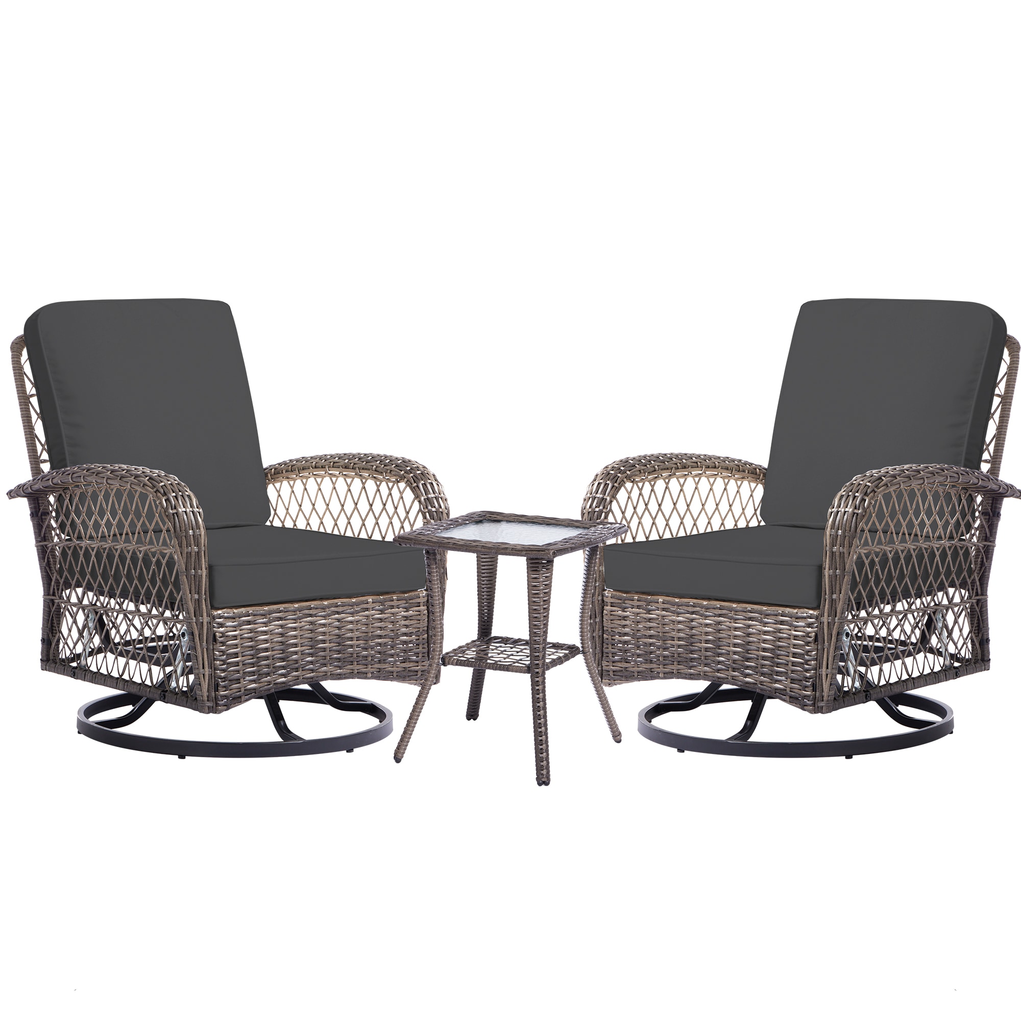JEAREY XESZY-03NY 3-Piece Wicker Swivel Patio Conversation Set 3 -Piece Rattan Patio Conversation Set with Blue Cushions