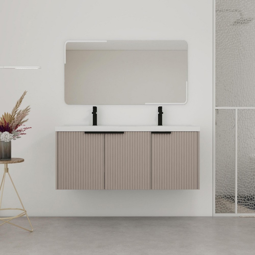 Basdien 47 in Brown Wall Mounted Bathroom Vanity With Resin Double Sink and 3 Soft Close Doors Modern Plywood Construction Wavy Door Panels Ample Storage Space Two Packages Included Faucet Drain Pop Up Back Splash Mounting Bracket Not Included