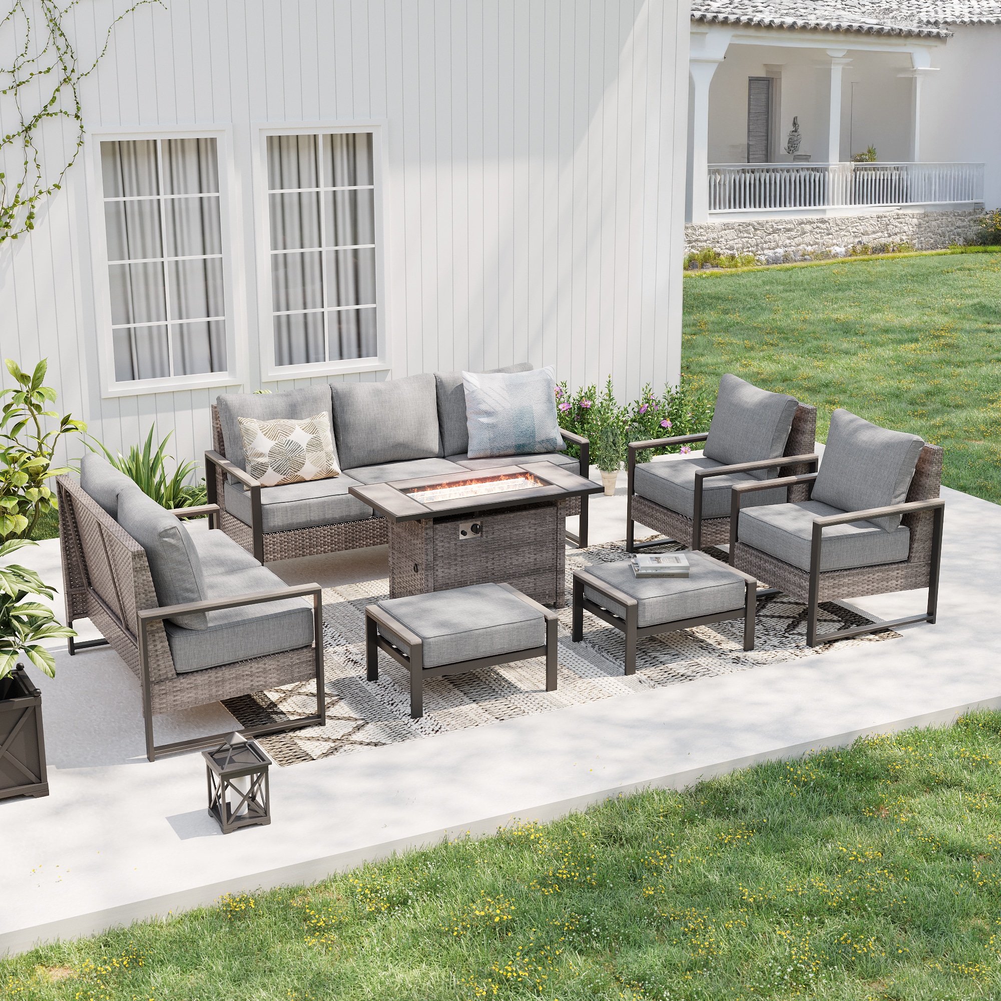 Sonkuki SD-PS-148HLY-S3T5 Patio Conversation Set 7 -Piece Wicker Patio Sofa Conversation Set with Gray Cushions