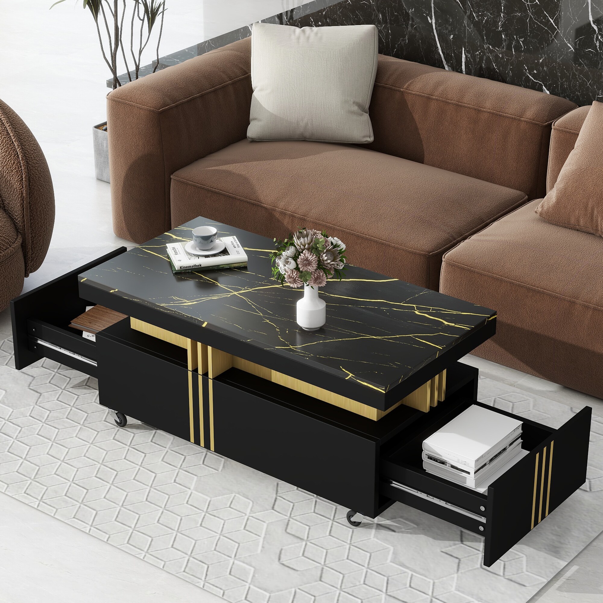 ModernLuxe WF305961AAB Contemporary Coffee Table with Faux Marble Top Rectangle Cocktail Table with Caster Wheels Moderate Luxury Center Table with Gold Metal Bars for Living Room Black