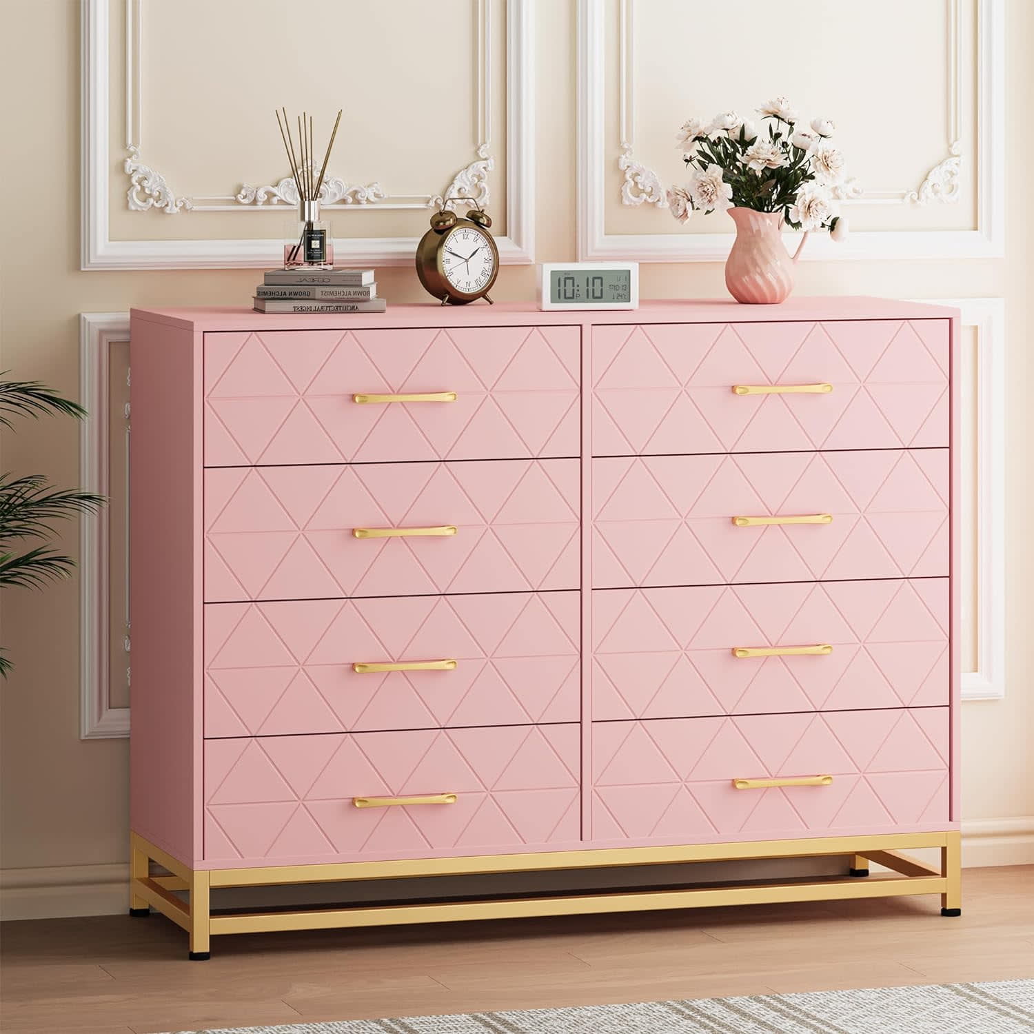 Qeetex LHF-DG-839OPBG5003 Dresser with 8 Drawers for Bedroom - Large Storage Tower Wooden Chest of Drawers with 8 Storage - Drawer for Bedroom Wide with Drawer Organizer Dresser for Living Room/Closet/Hallway - Pink