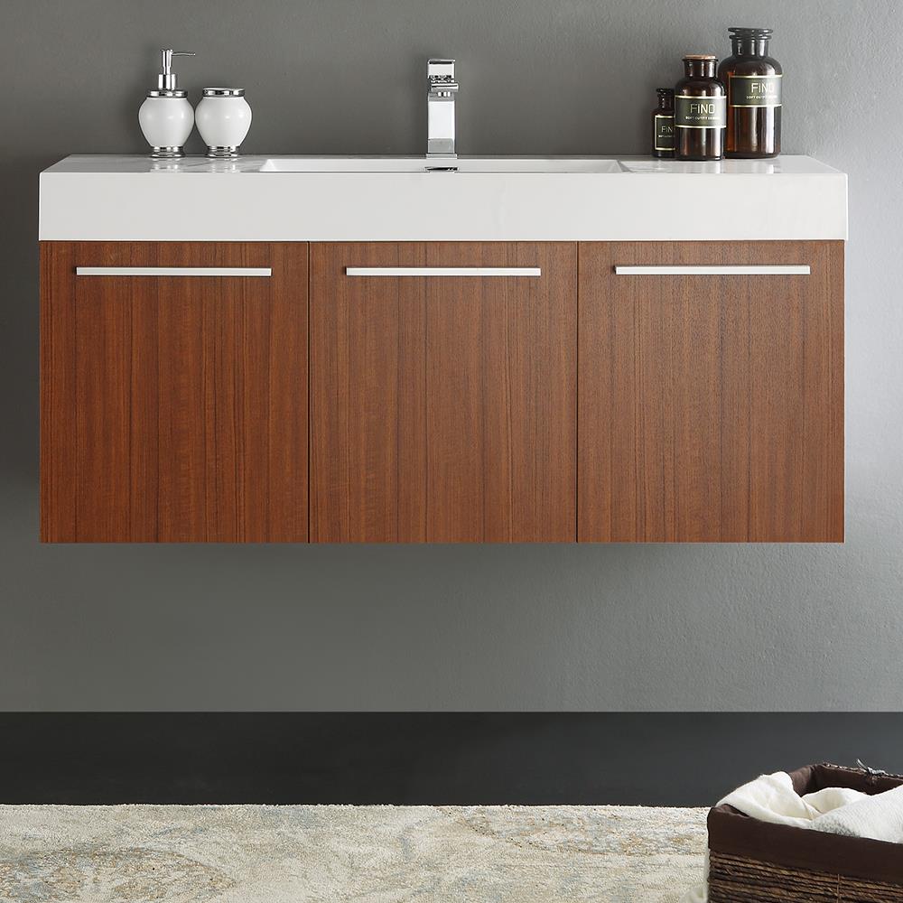 Fresca FCB8092TK-I Vista 48-in Teak Single sink Floating Bathroom Vanity with White Acrylic Top