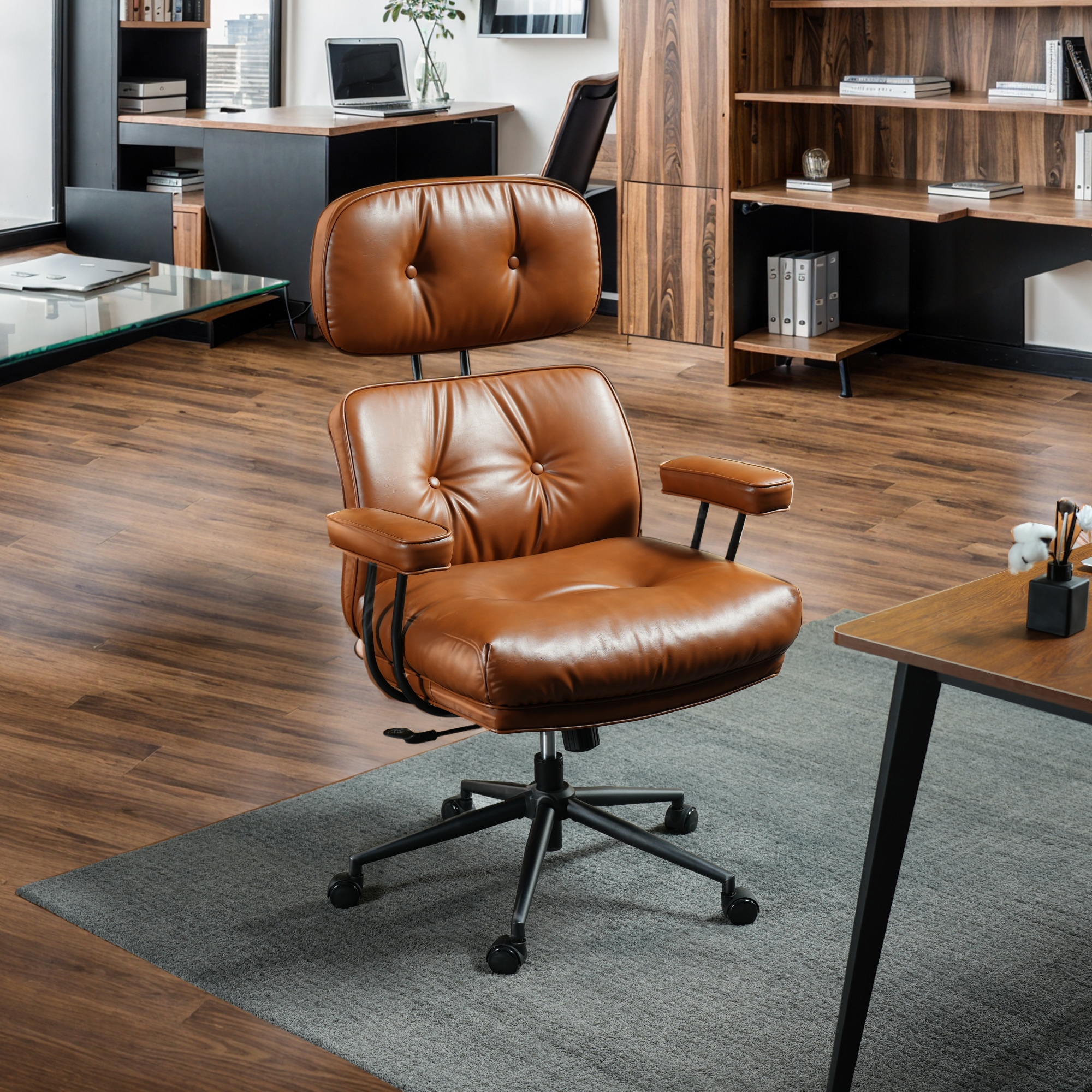 Pouuin SCKS70 Brown Contemporary Ergonomic Adjustable Height Swivel Upholstered Desk Chair