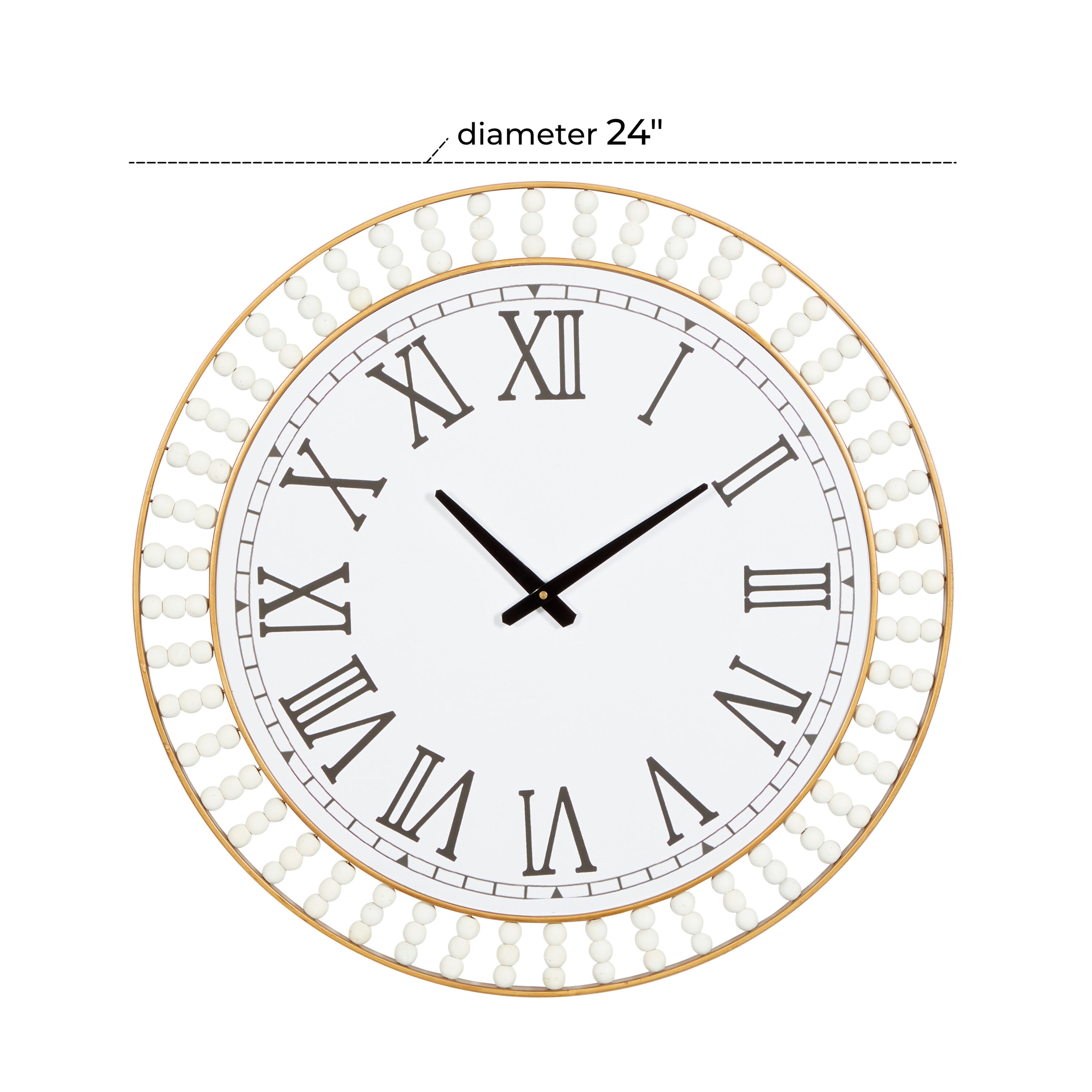 Oversized White Beaded Wall Clock with Gold Frame