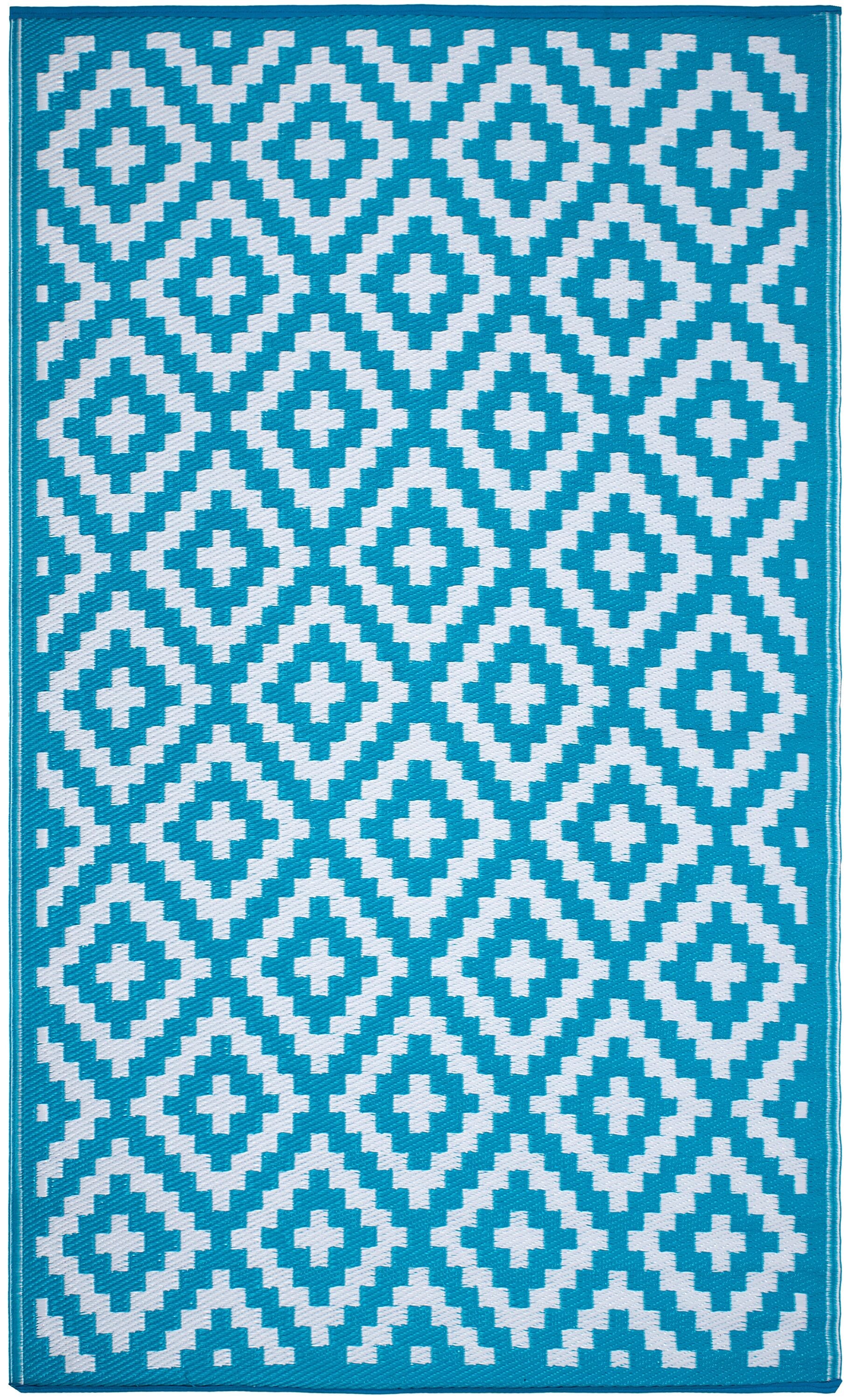FH Home 657814893139 6 x 9 (ft) Flatweave Polypropylene Aztec - Teal White Rectangular Indoor/Outdoor Geometric Mid-Century Modern Area rug