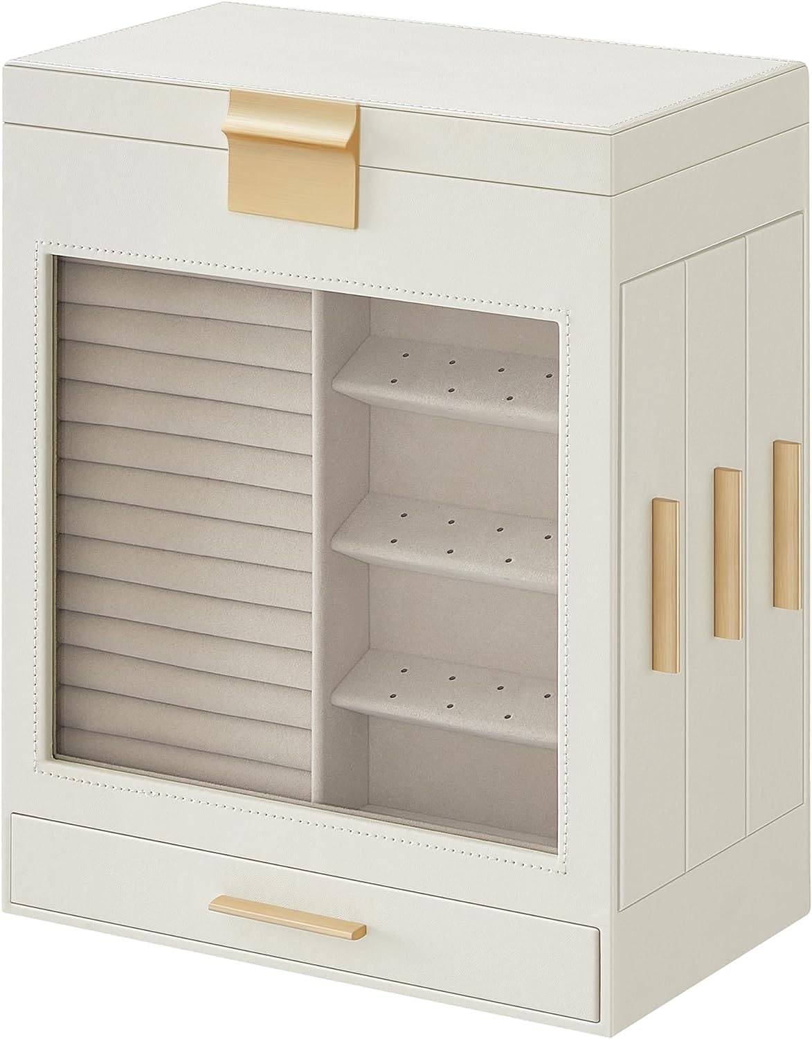 SONGMICS HOME 5-Layer Modern Jewelry Organizer with 3 Side Drawers and Large Mirror - Cloud White and Metallic Gold #JBC162W01