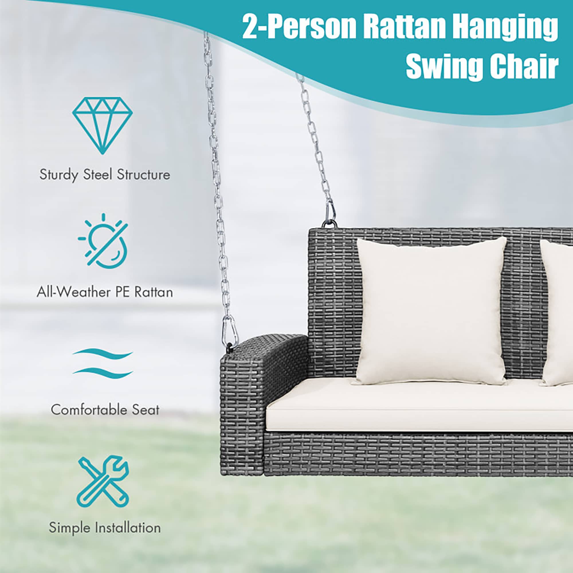 Gray Steel Frame Porch Swing with White Cushions