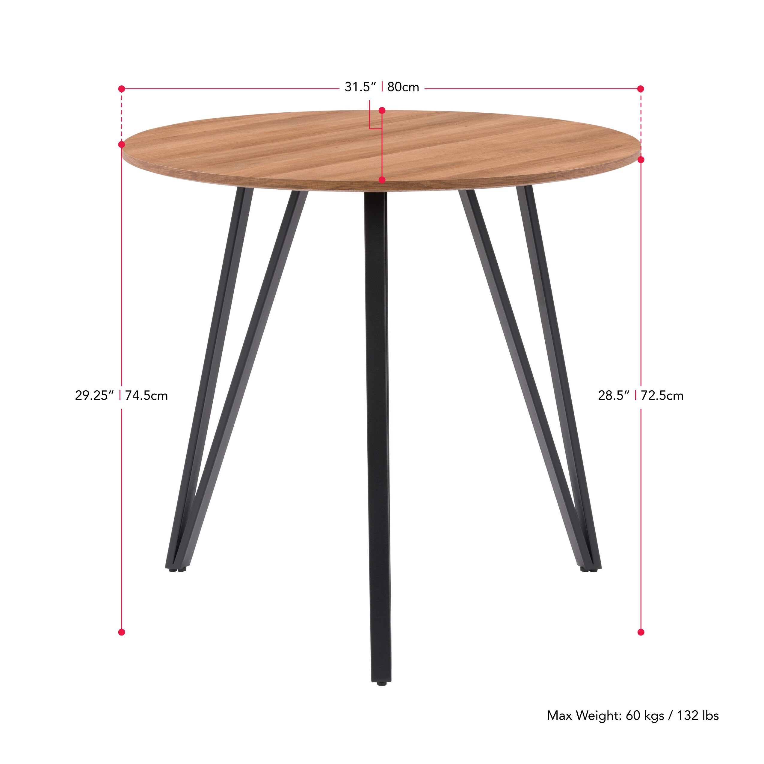 36" Round Brown Wood Dining Table with Black Iron Legs