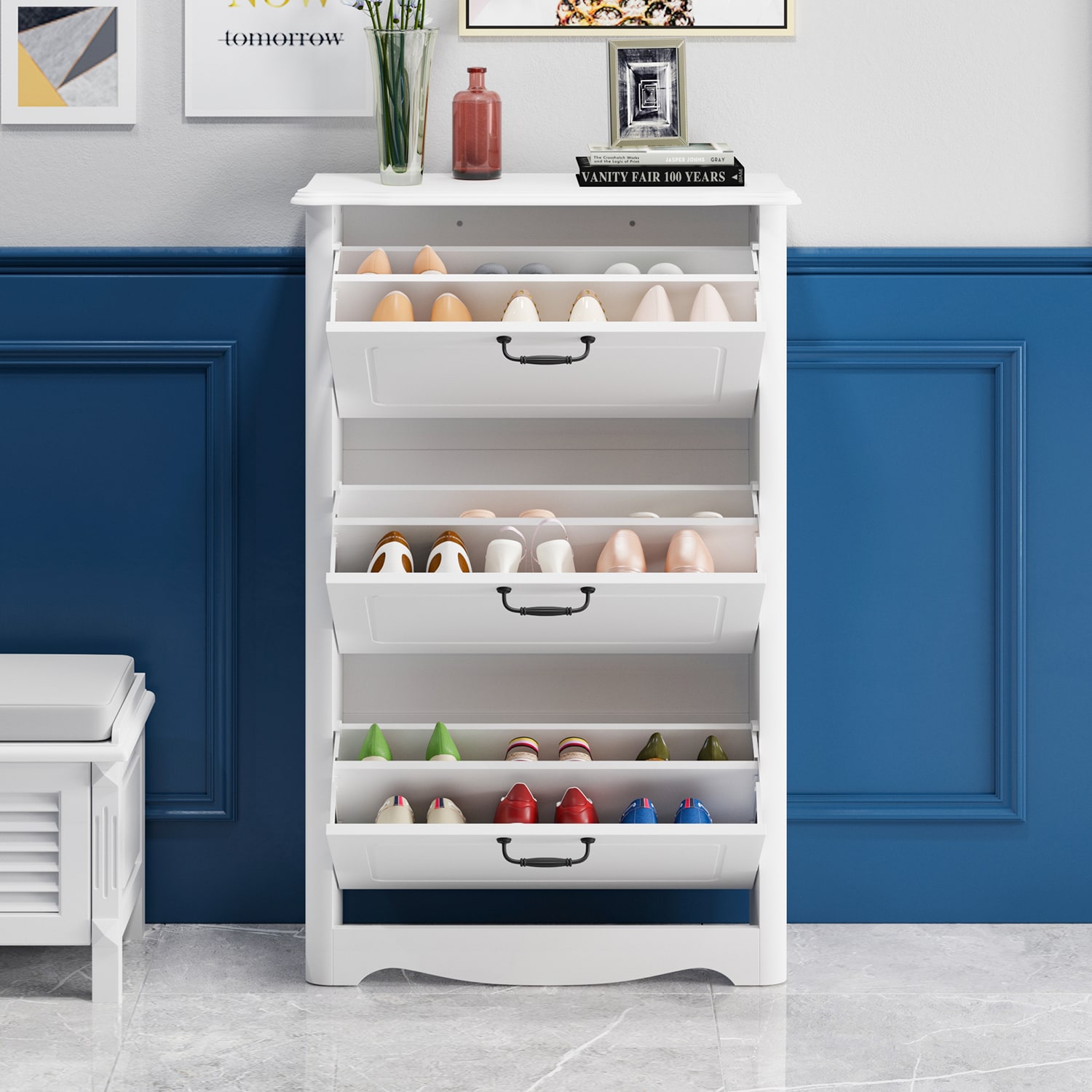 FUFU&GAGA KF210306-01 44-in H 3 Tier 12 pair White MDF Shoe cabinet