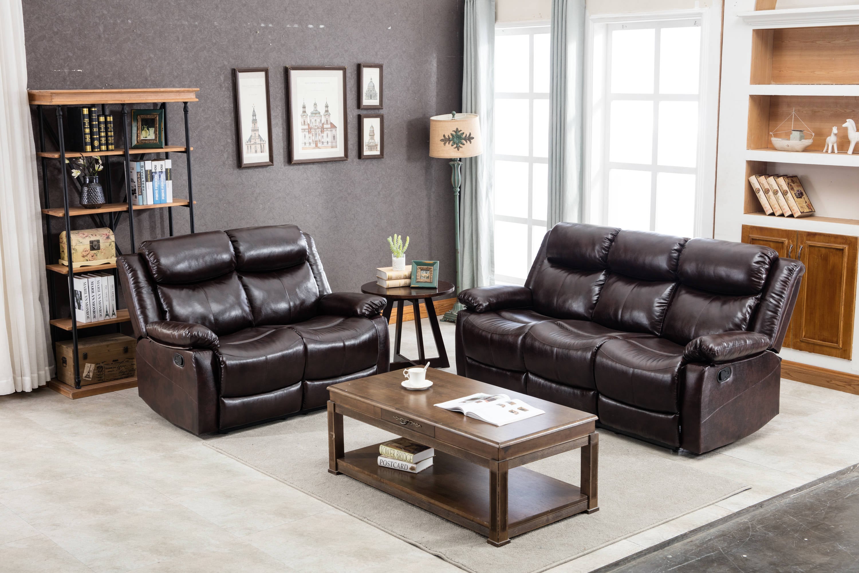 CASAINC OR-SG000174AAA Modern 3-Piece Faux Leather Brown Living Room Set