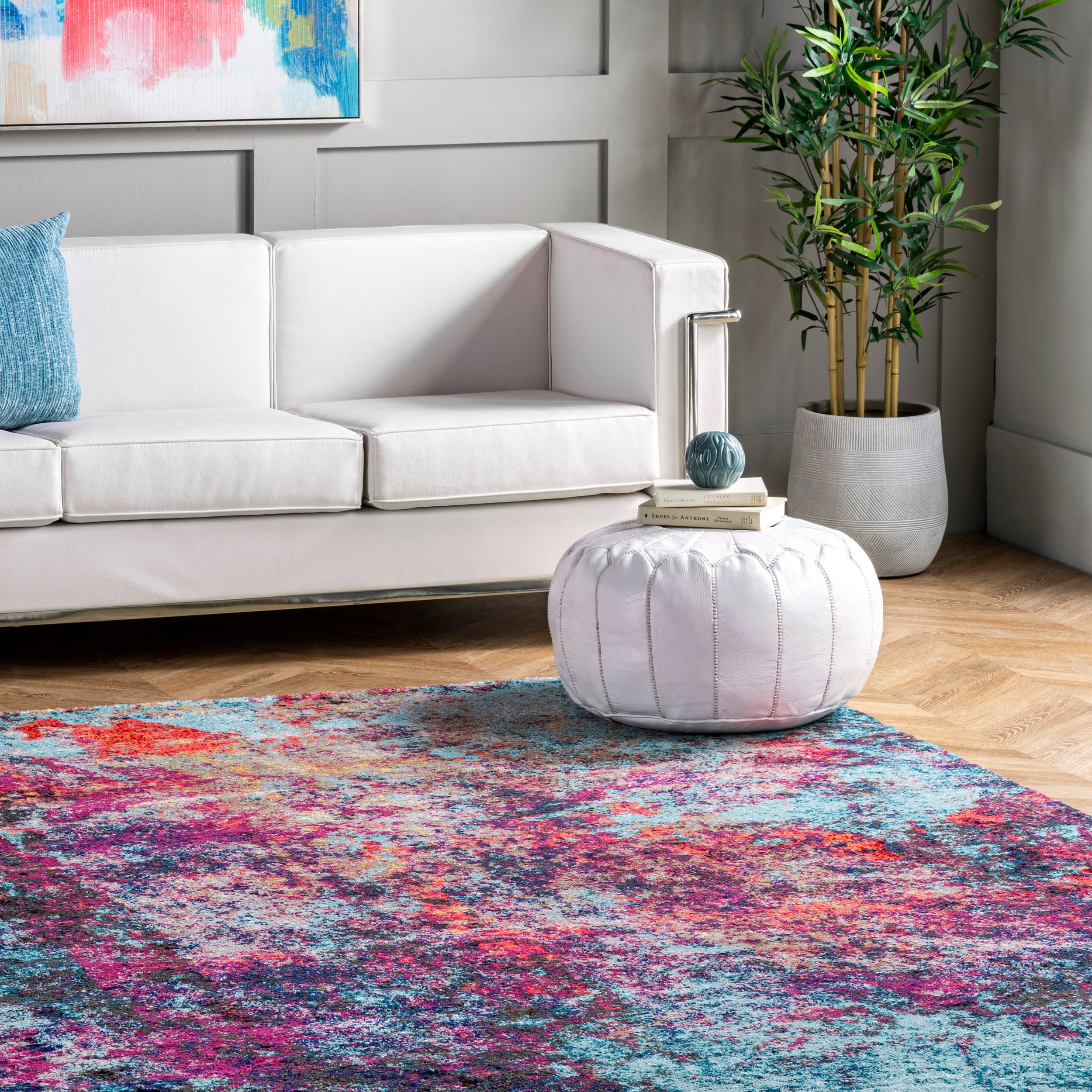 Reversible Blue and Pink Abstract Synthetic Runner Rug