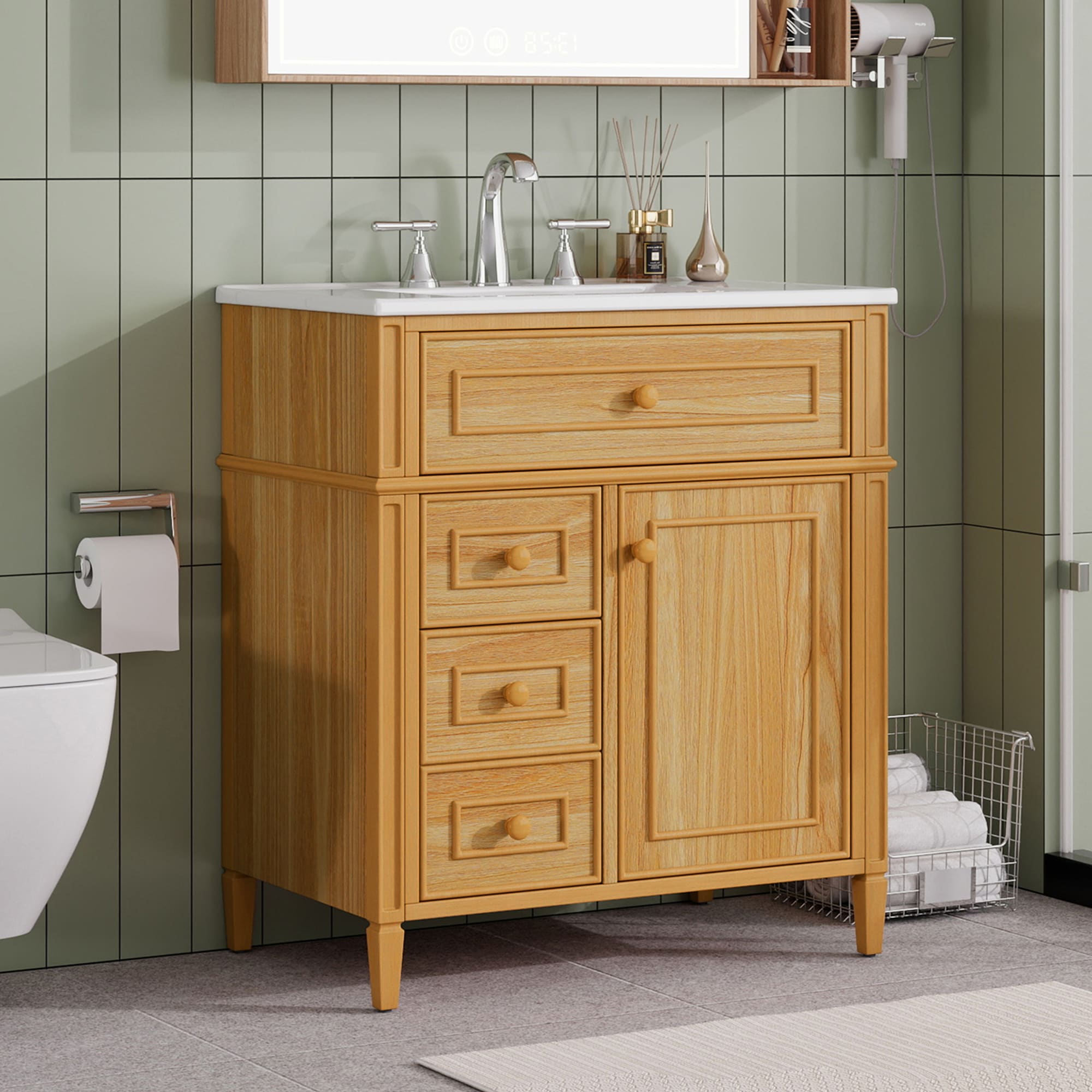 Huluwat 30 Inches Bathroom Vanity with Sink with Flip Out Drawer 2 Soft Close Drawers 1 Soft Close Door Solid Wood and MDF Elegant Wood Handles