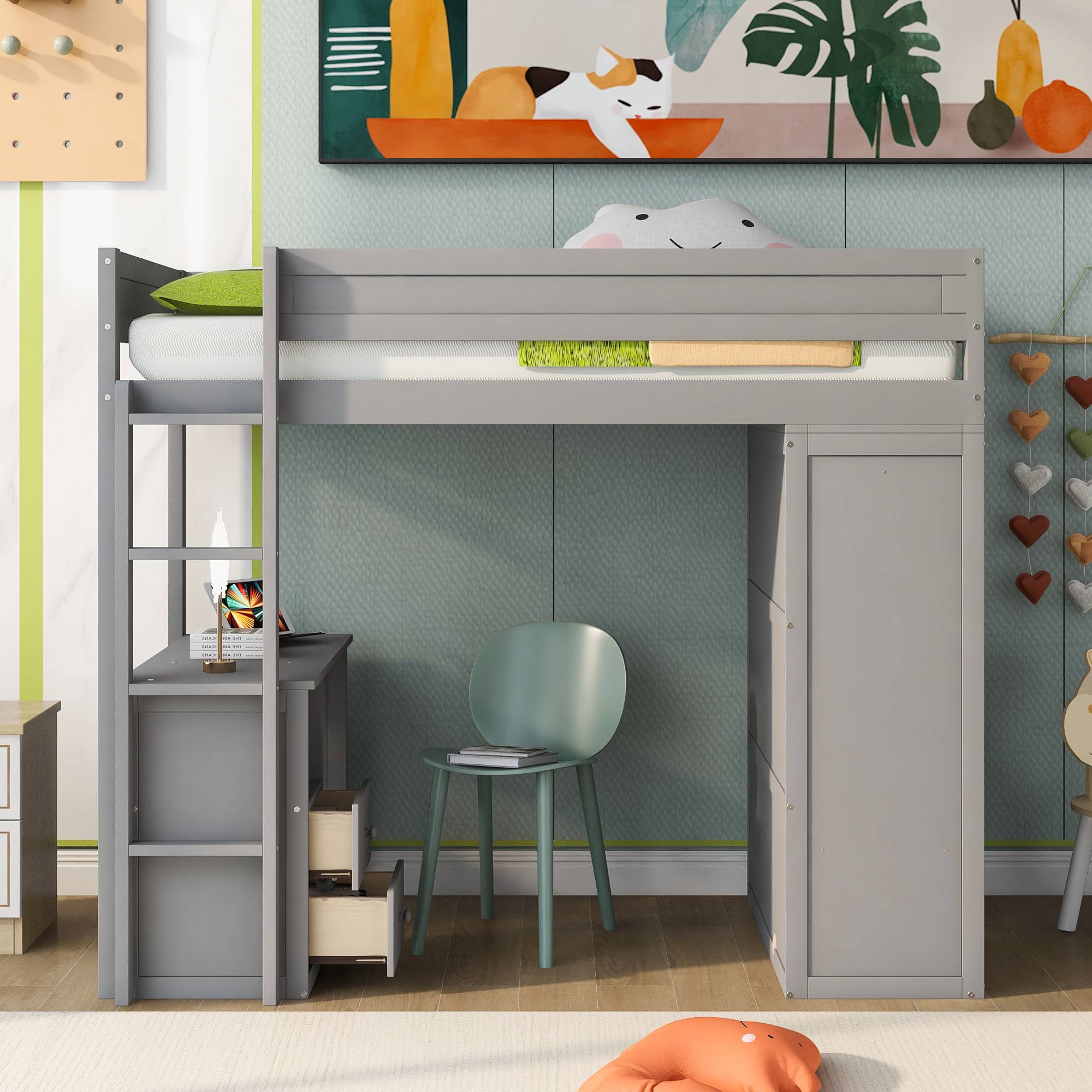 Yiekholo LL-1045AAE Gray Twin study loft Bunk Bed