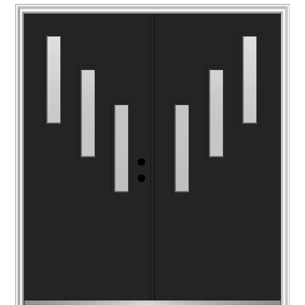 MMI DOOR ZZ347965L Spotlights 72-in x 80-in x 4-9/16-in Fiberglass Pulse lite Left-hand inswing Black Painted Prehung Double Front Door with Brickmould Insulating core