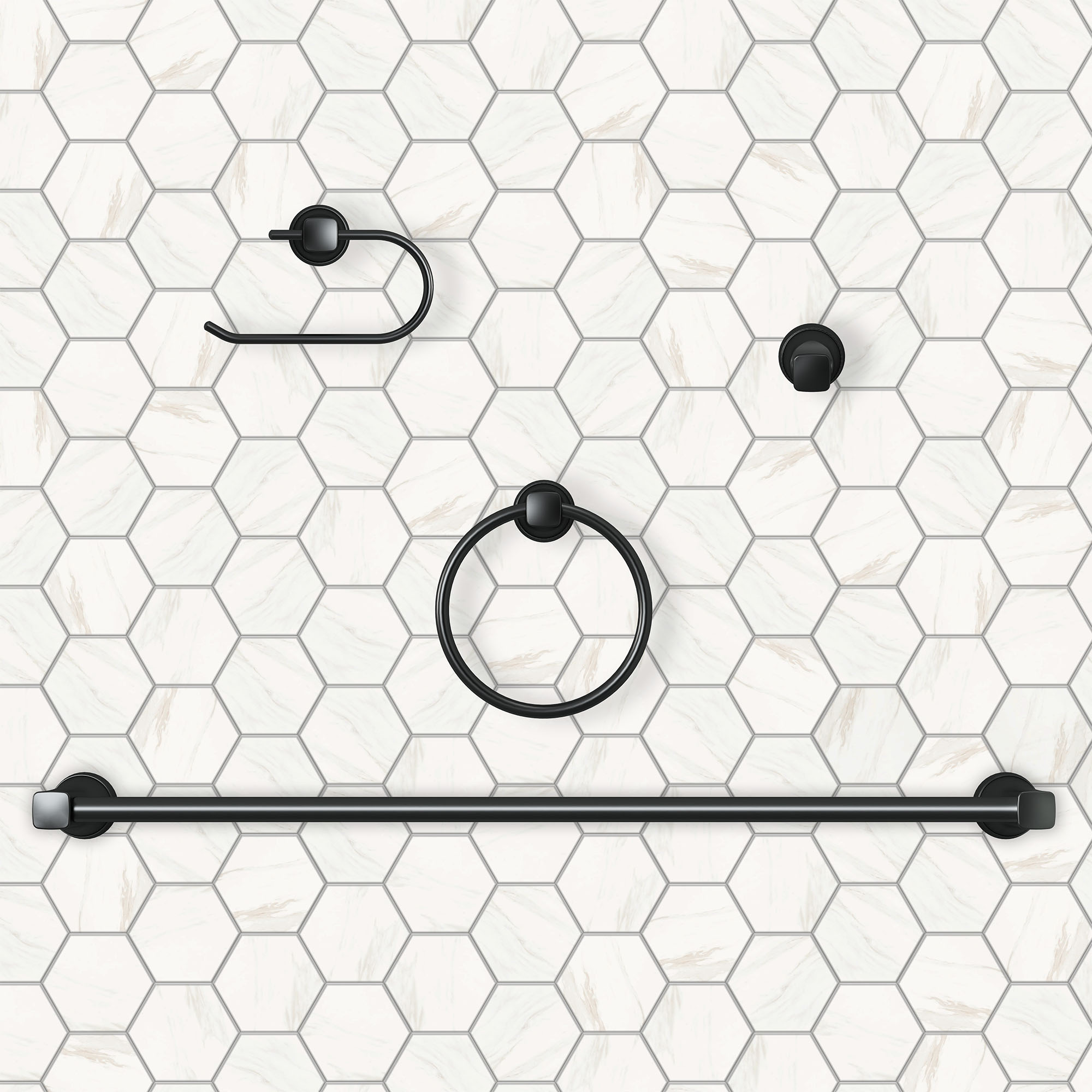 American Standard  4-Piece Glenmere Matte Black Decorative Bathroom Hardware Set with Towel Bar, Toilet Paper Holder, Towel Ring and Robe Hook