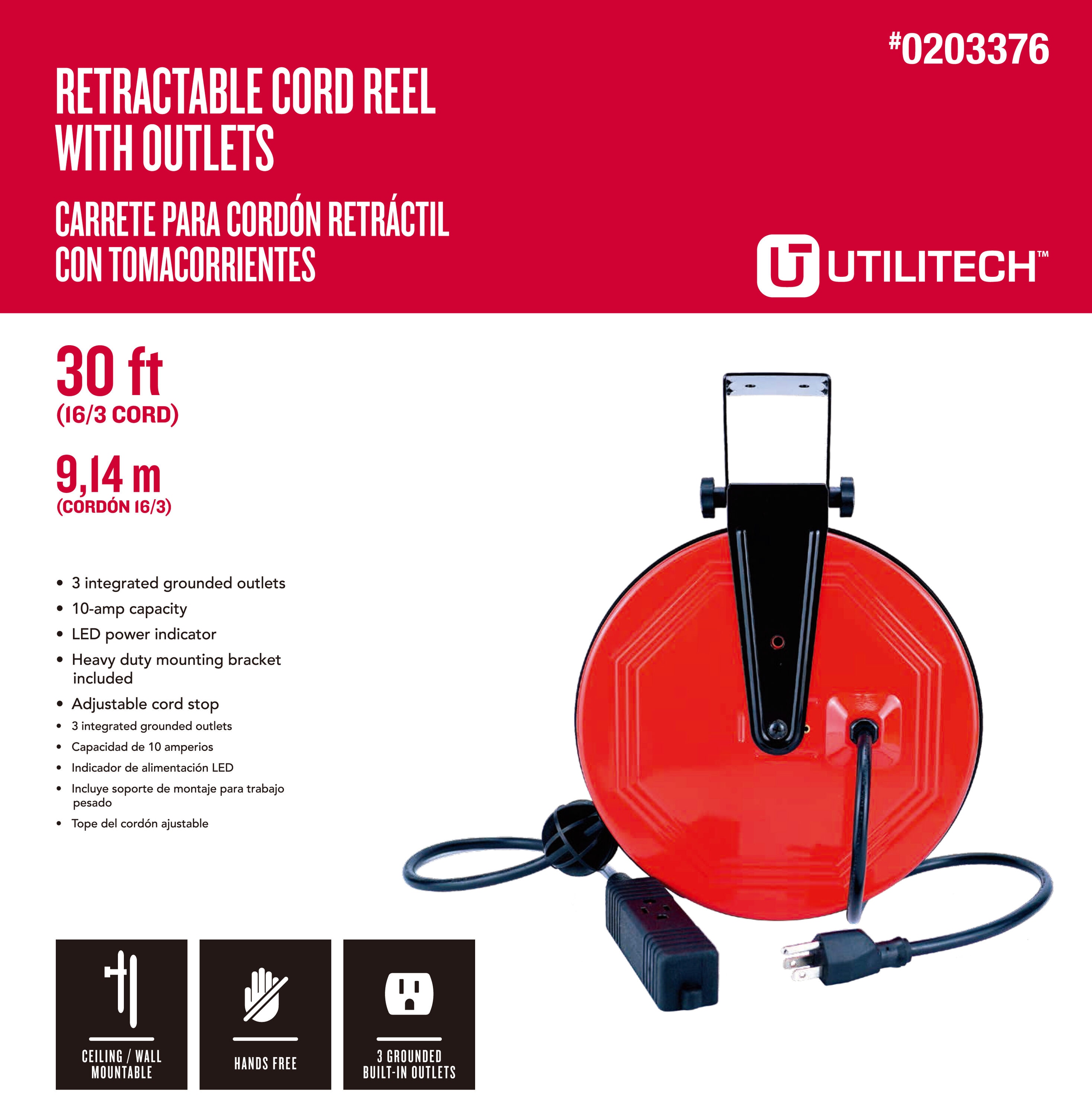 Utilitech 30 Ft. 16/3 Sjt Retractable Cord Reel in the Extension Cord  Accessories department at