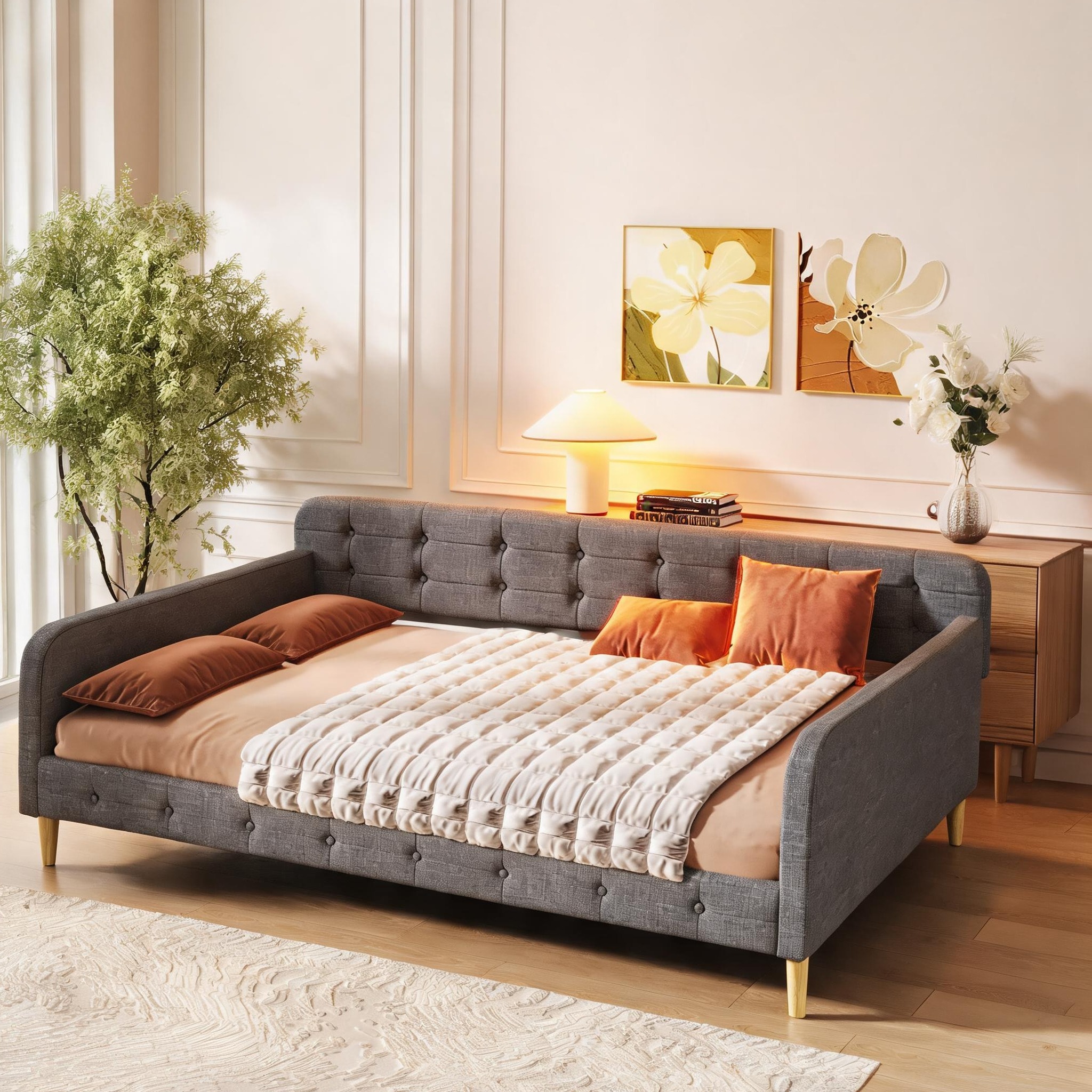 Naturefalls Modern Button-Tufted Linen Upholstered Queen Daybed with ...