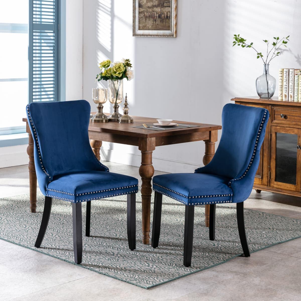 Maison Boucle Set of 2 Blue Upholstered Tufted Wingback Dining Chairs