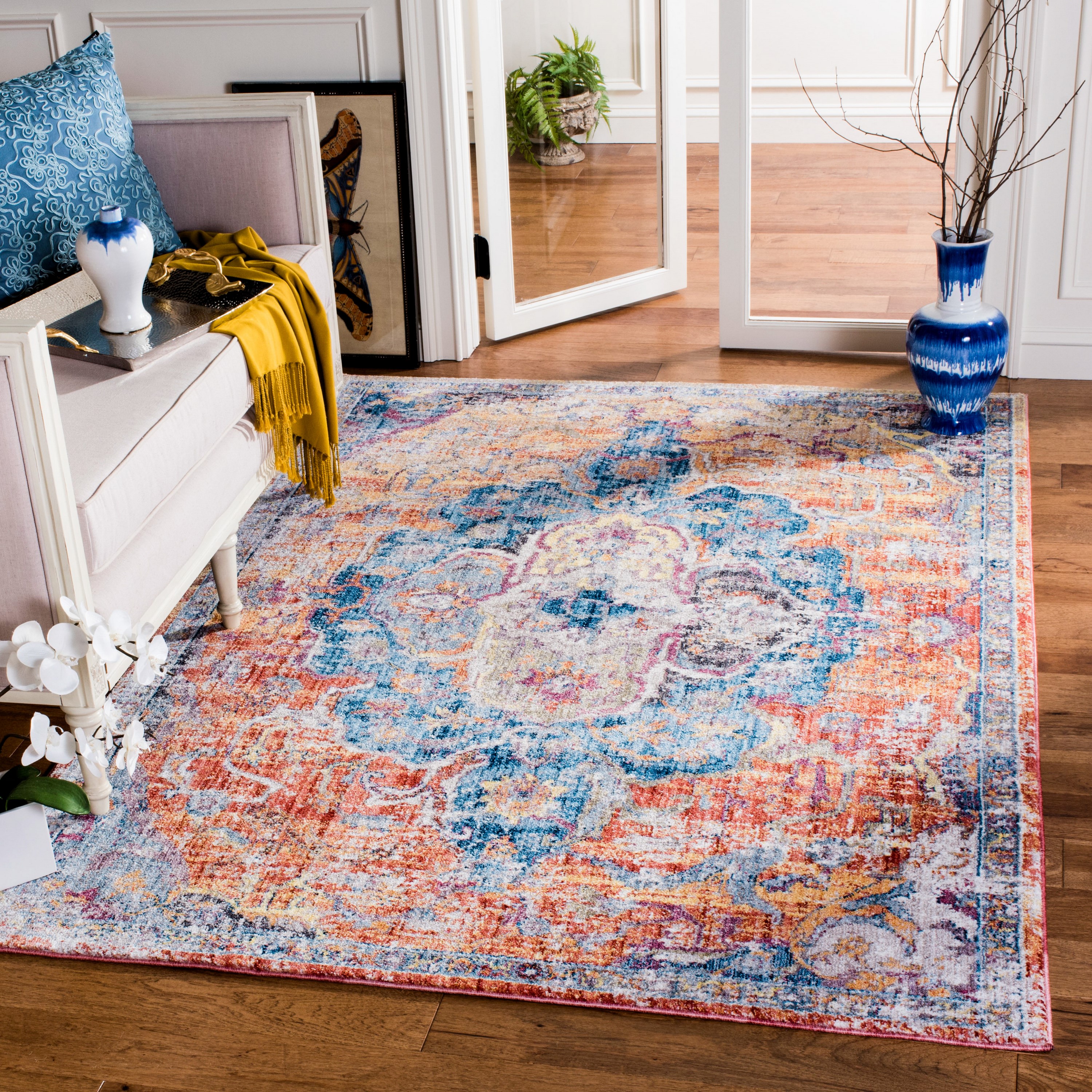 Safavieh BTL350S-5SQ Bristol Samarkand 5 x 5 (ft) Loomed Polyester Blue/Orange Square Indoor Distressed/Overdyed Vintage Area rug