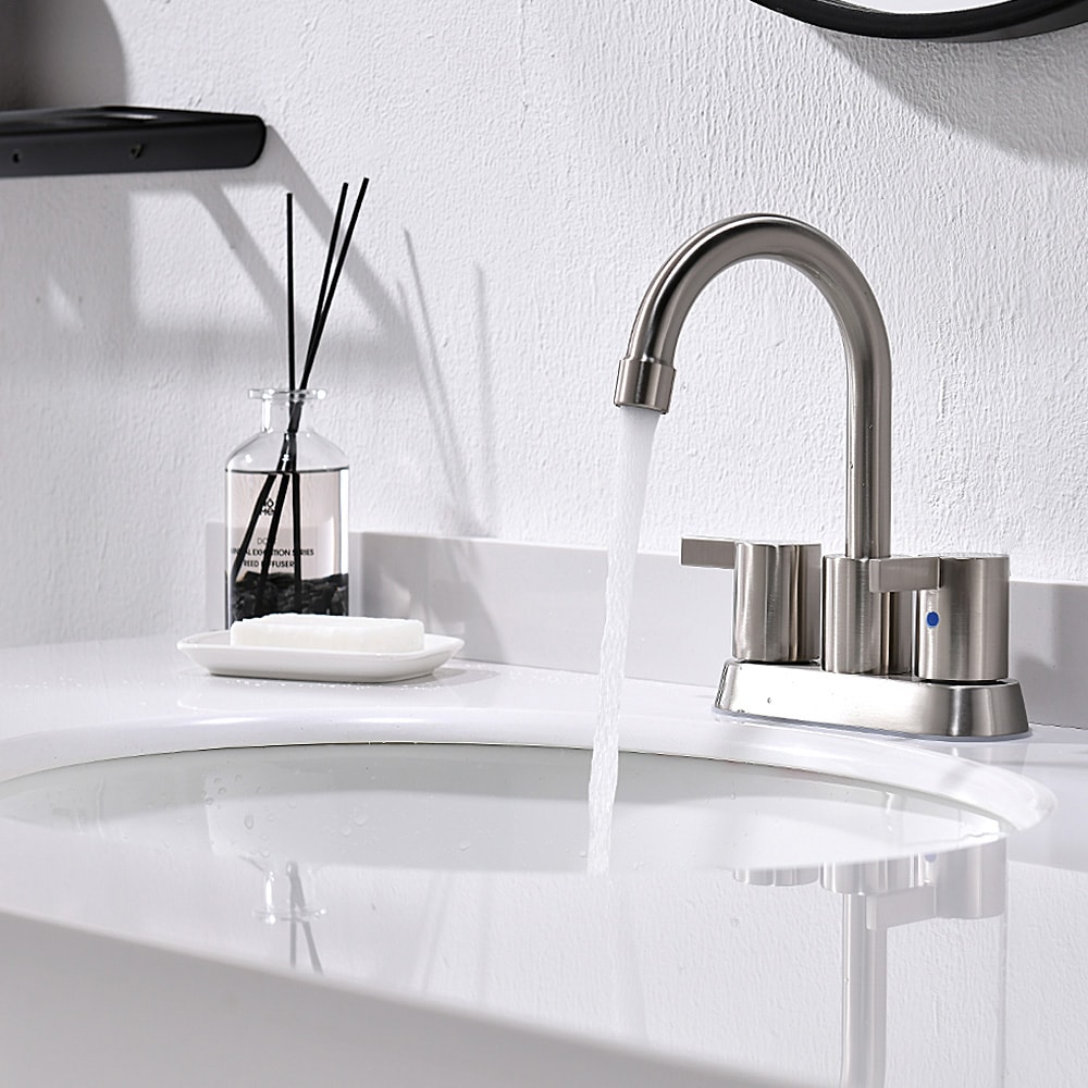Brushed Nickel High-Arc 2-Handle Bathroom Sink Faucet with Drain