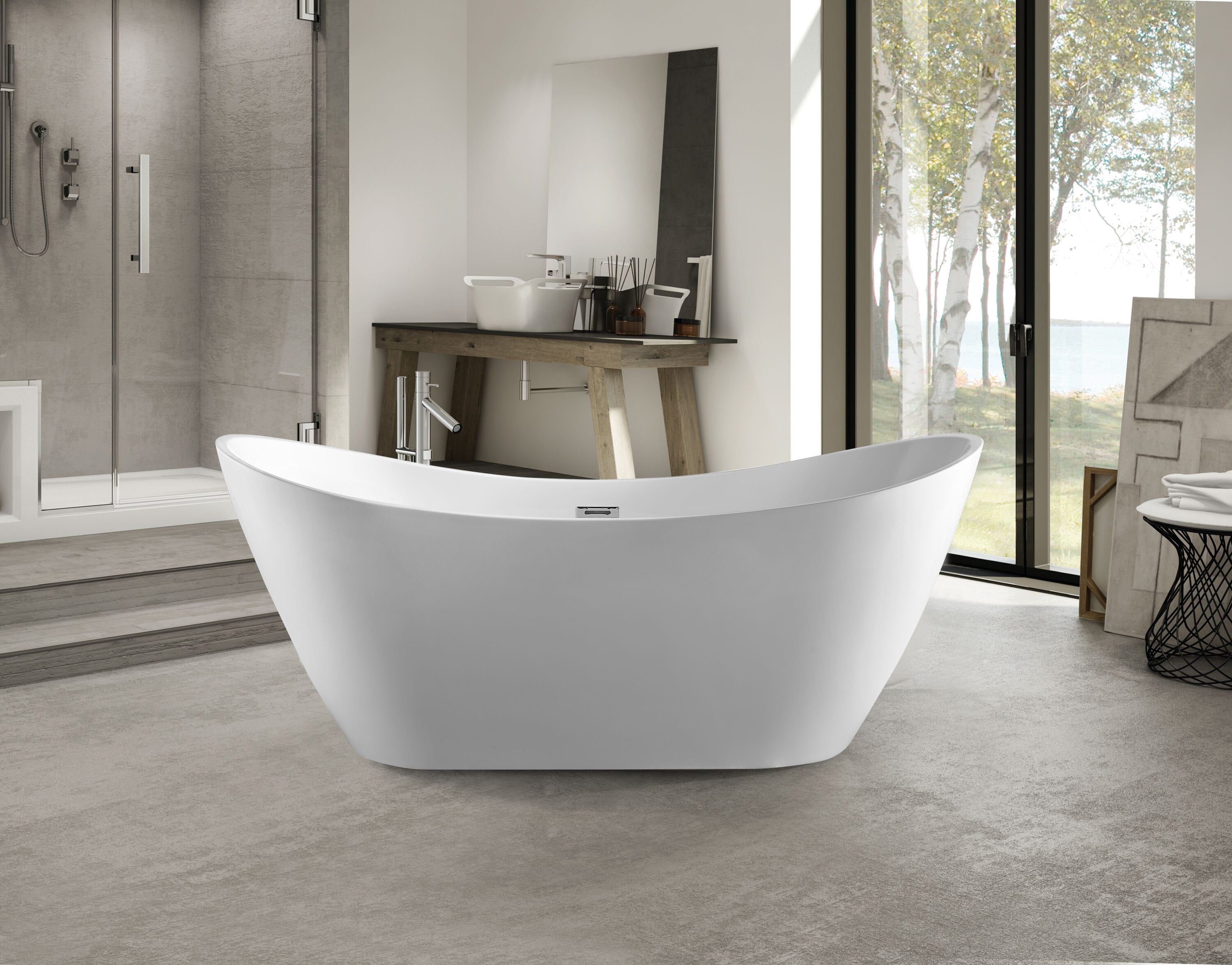 White Acrylic 71" Freestanding Soaking Bathtub with Chrome Drain