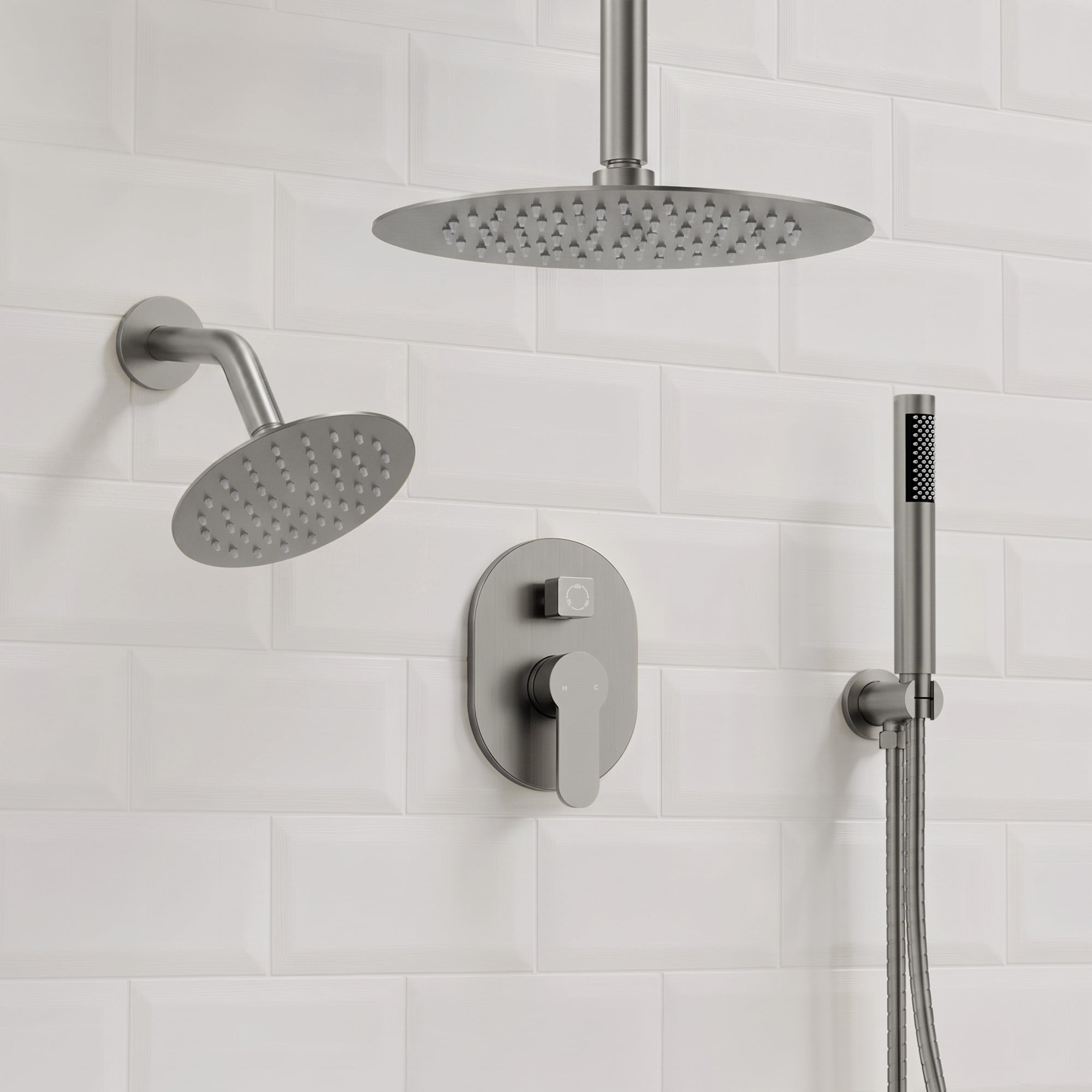 GRANDJOY -  Shower Faucet System Ceiling Mount Brushed Nickel 10 Inch and 6 Inch Round Dual Head ...